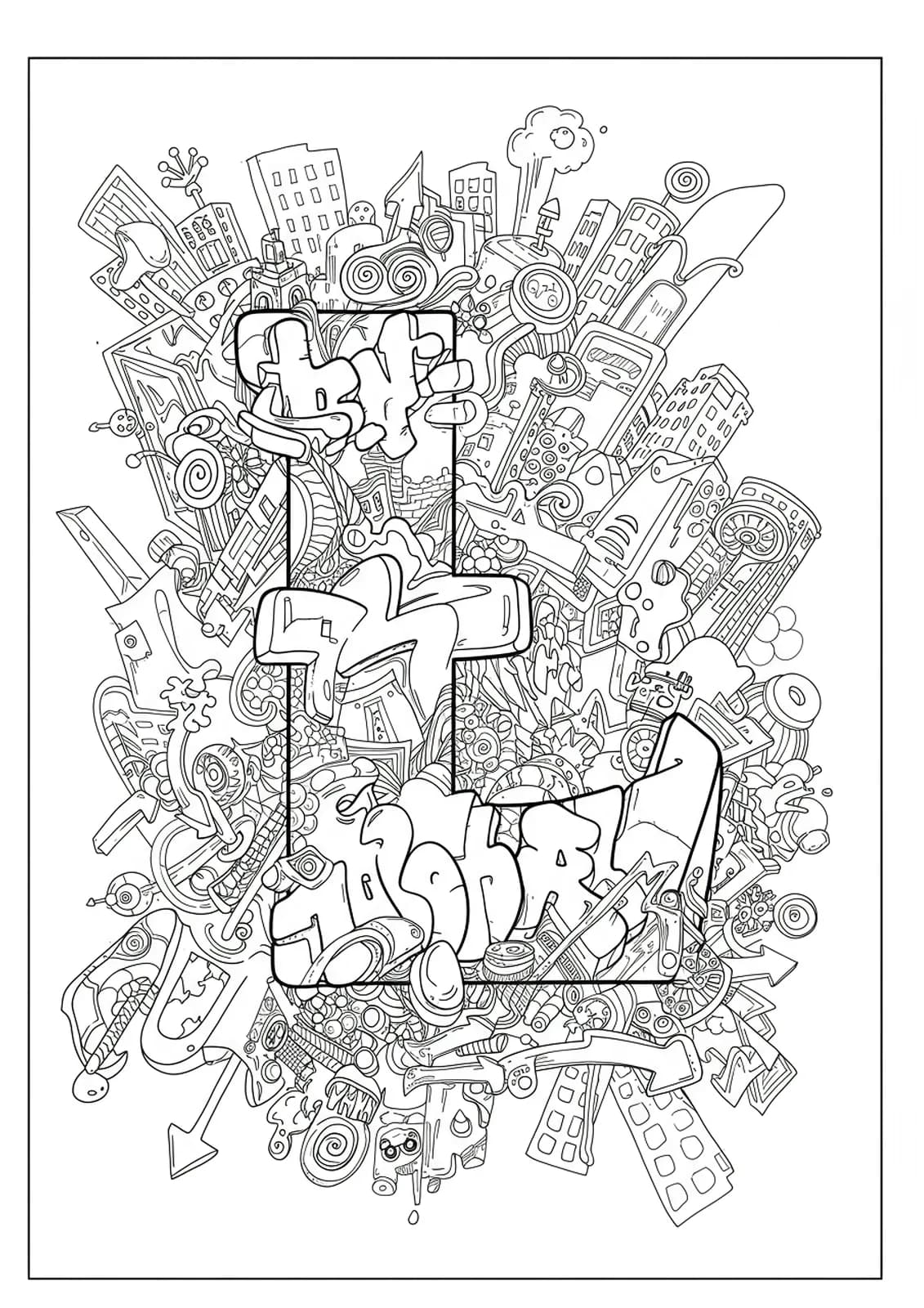 Graffiti-style Letter L surrounded by cityscape doodles, tags, and detailed street art elements, hard level.