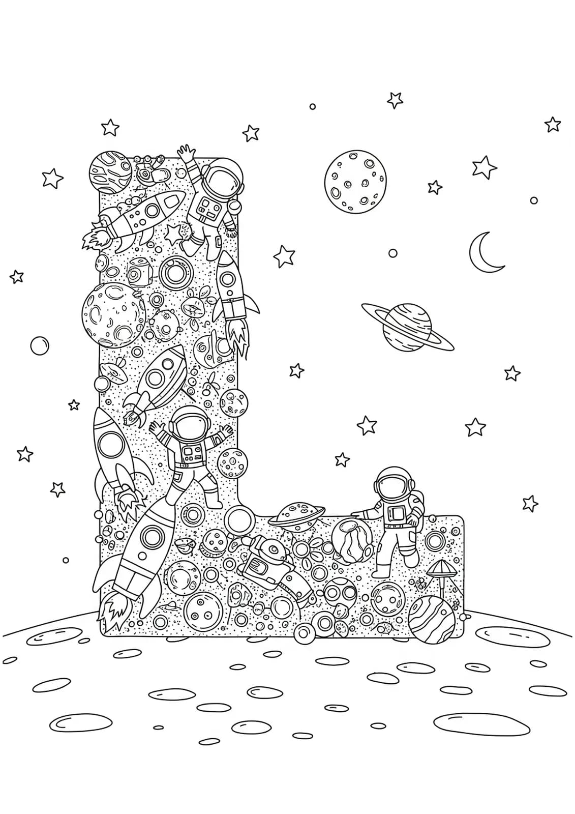 Detailed coloring page featuring letter L with astronauts, rockets, moons, and stars in a lunar scene.