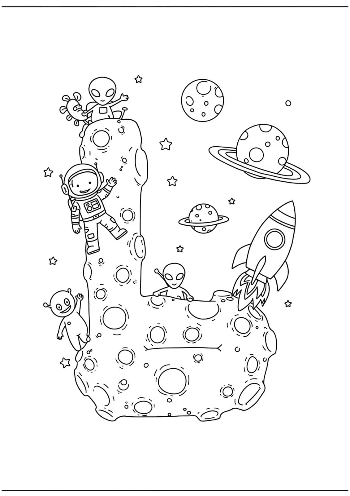 Medium-complexity coloring page featuring the letter L on a lunar surface with craters, astronaut, rocket, and aliens.