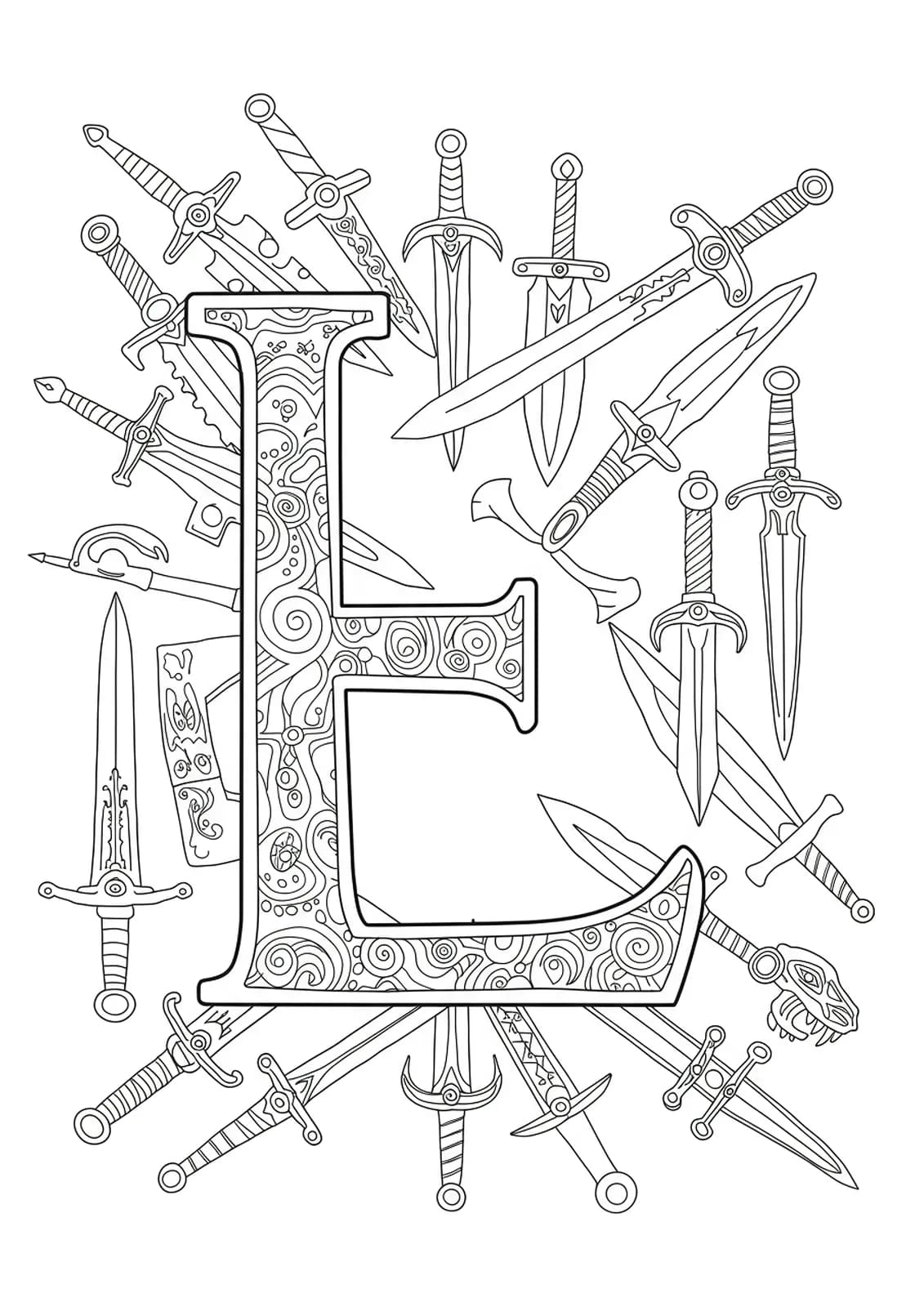 Letter L surrounded by various legendary swords, medium complexity.