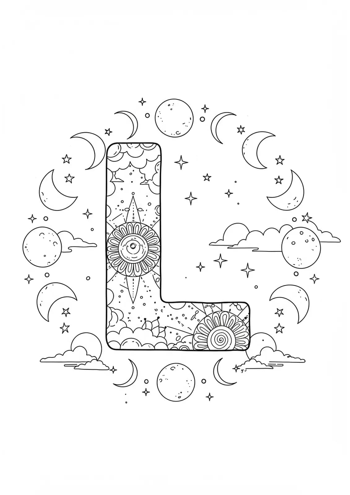 Letter L with crescent, half, and full moons, surrounded by stars and clouds, medium detail.