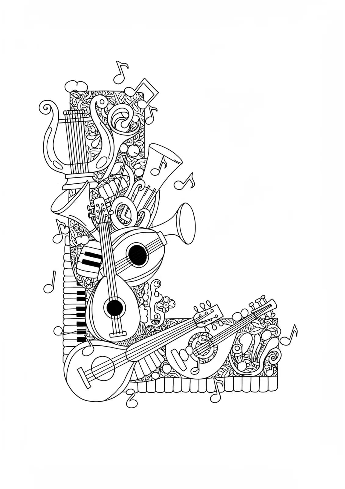 Medium complexity coloring page of the letter L surrounded by various musical instruments and notes.