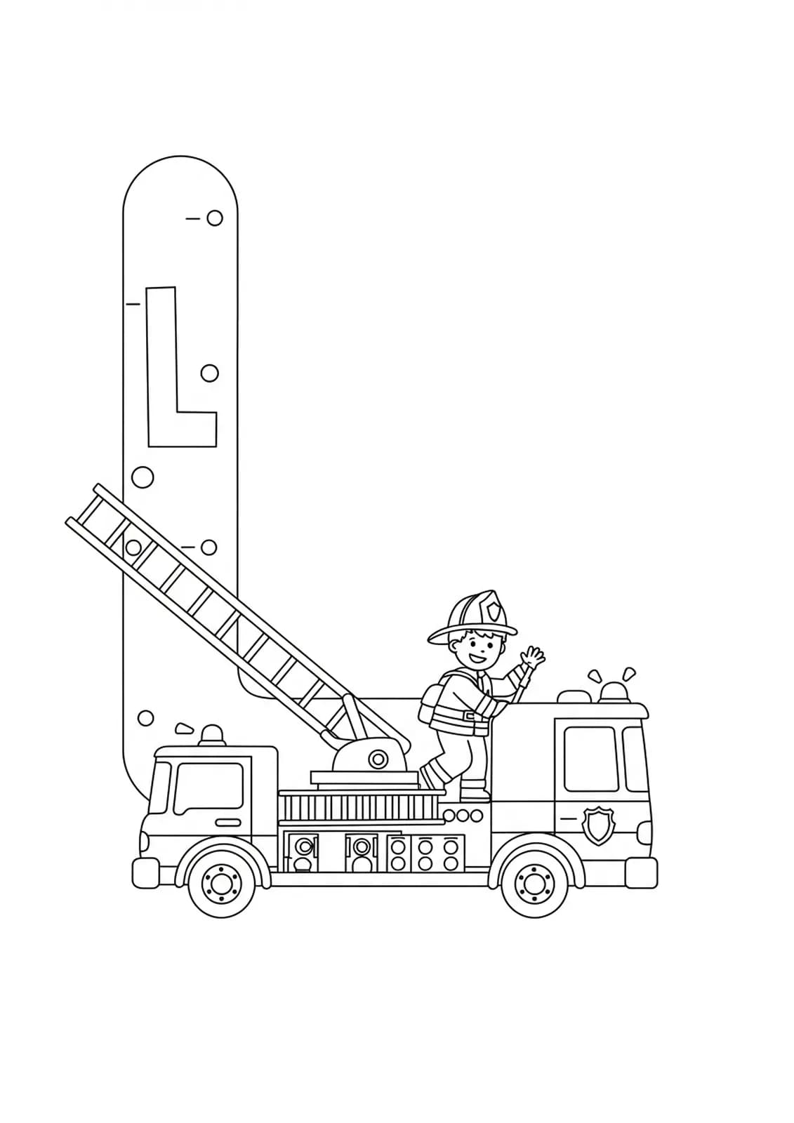 Outline drawing of the letter L, firetruck ladder, and firefighter
