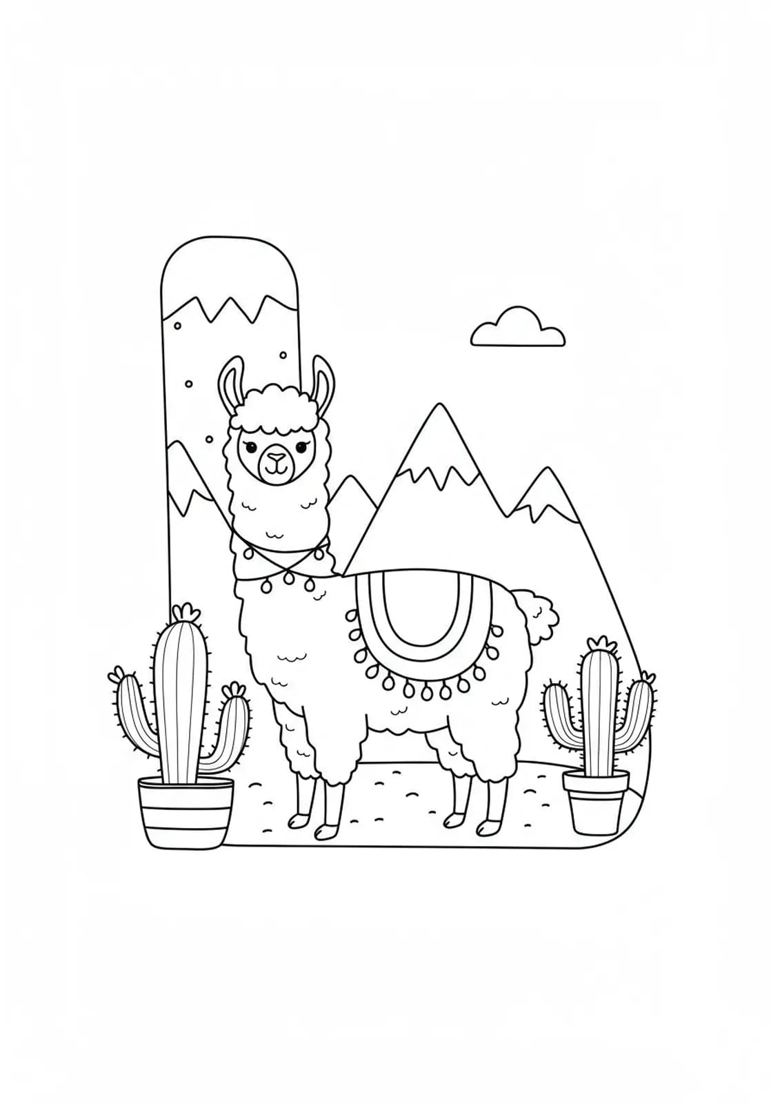Outline drawing of the letter L with a llama and mountains in the background
