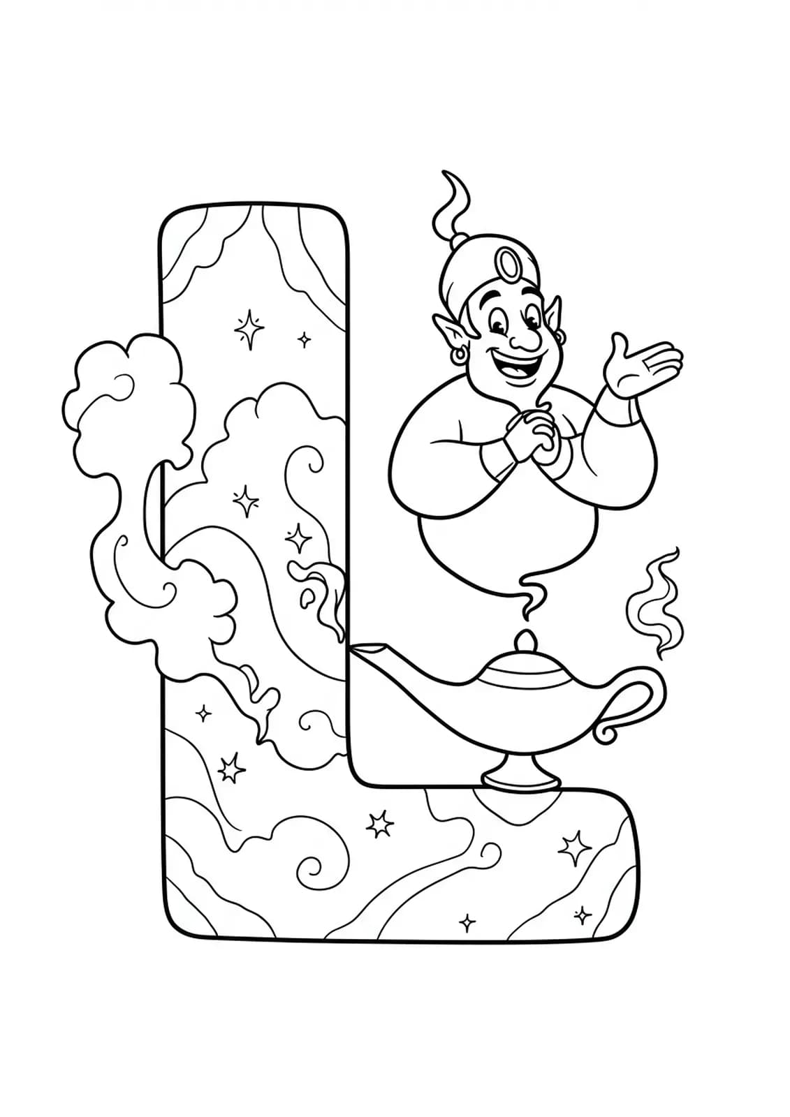 Coloring page of the letter L with a magic lamp and a genie, easy outlines.