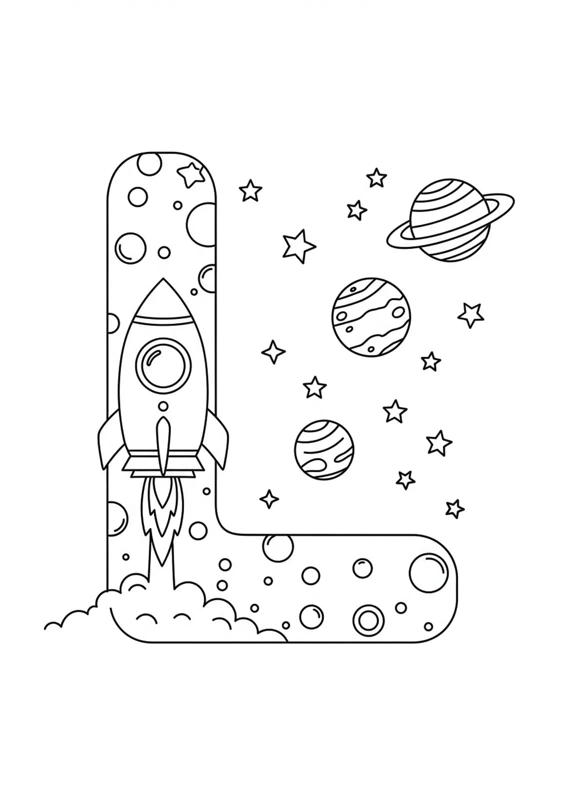 Outline drawing of the letter L with a rocket launching and planets in space