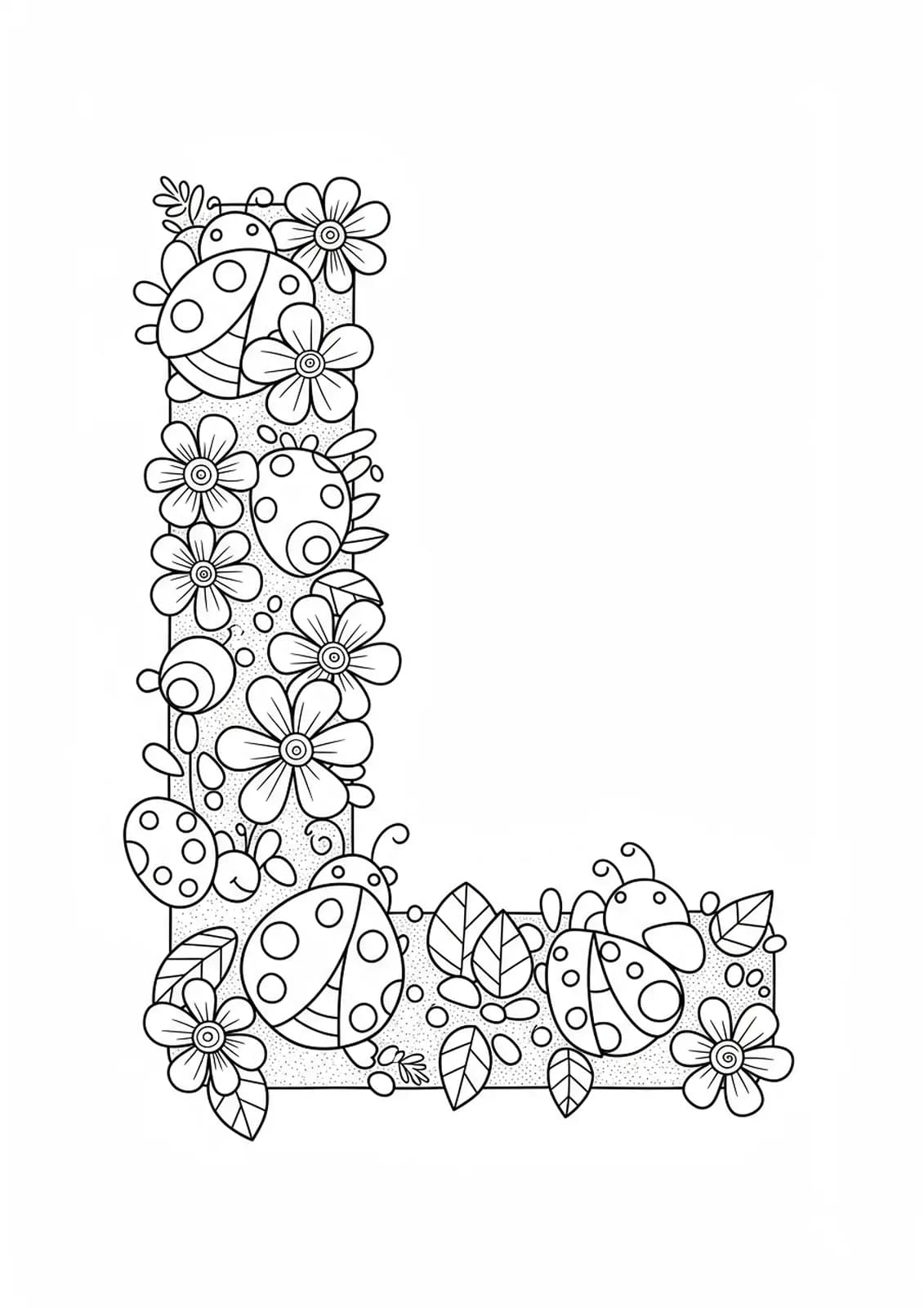Coloring page with the letter L, ladybugs, flowers, and leaves, designed with moderate detail for kids.