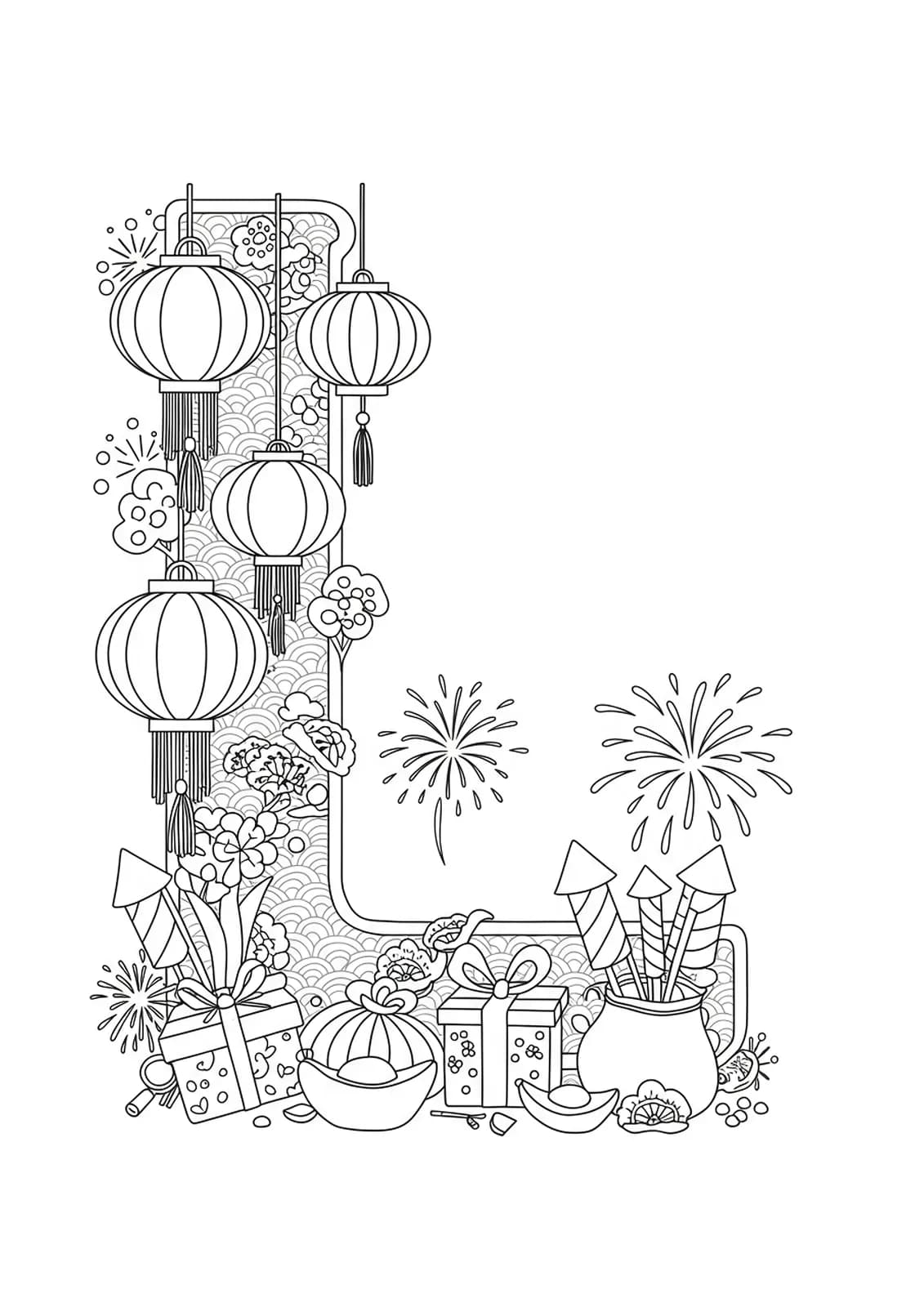 Outline drawing of the letter L with lanterns and Lunar New Year decorations