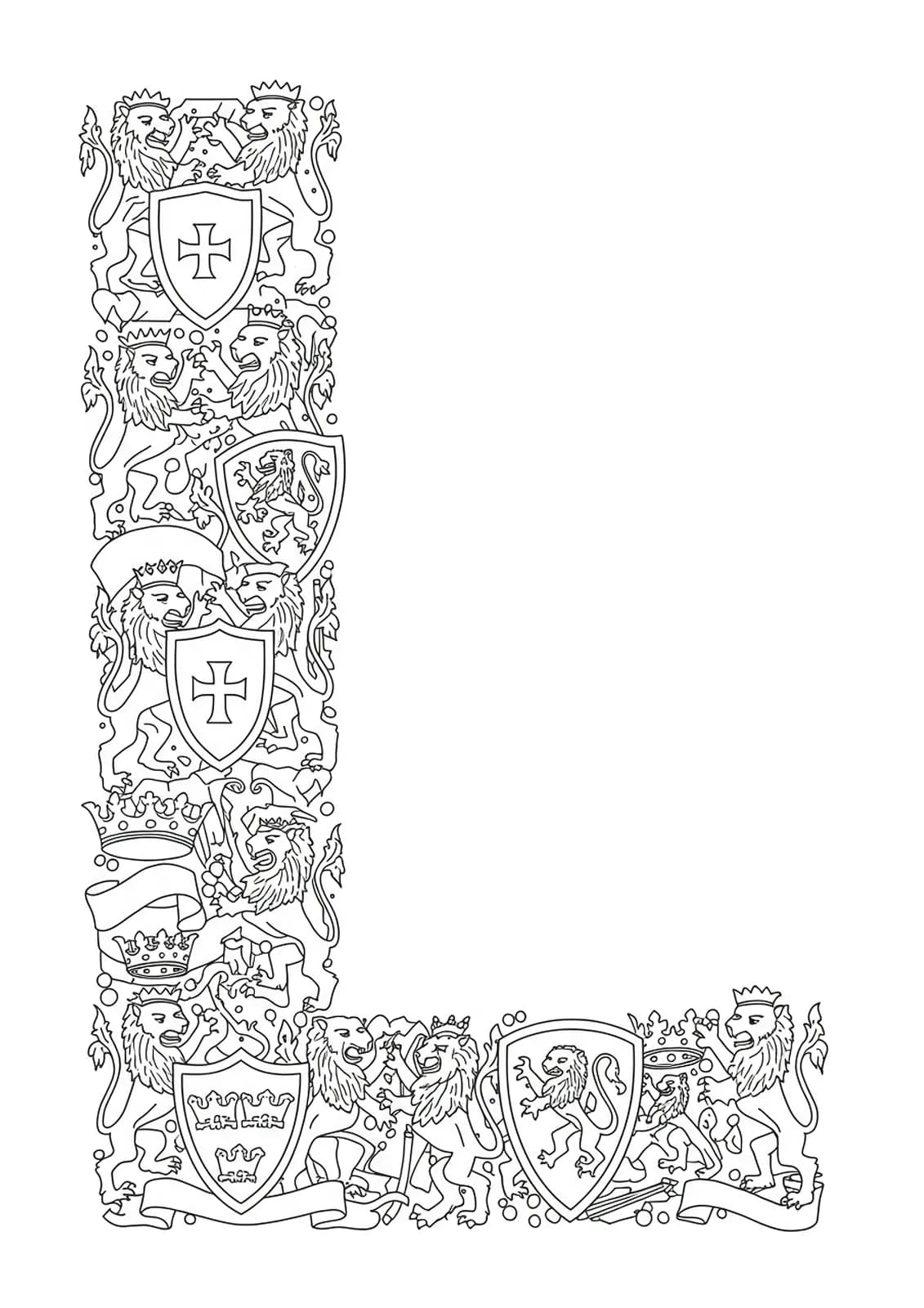 Medium complexity adult coloring page of the letter L flanked by stylized heraldic lions and shields.