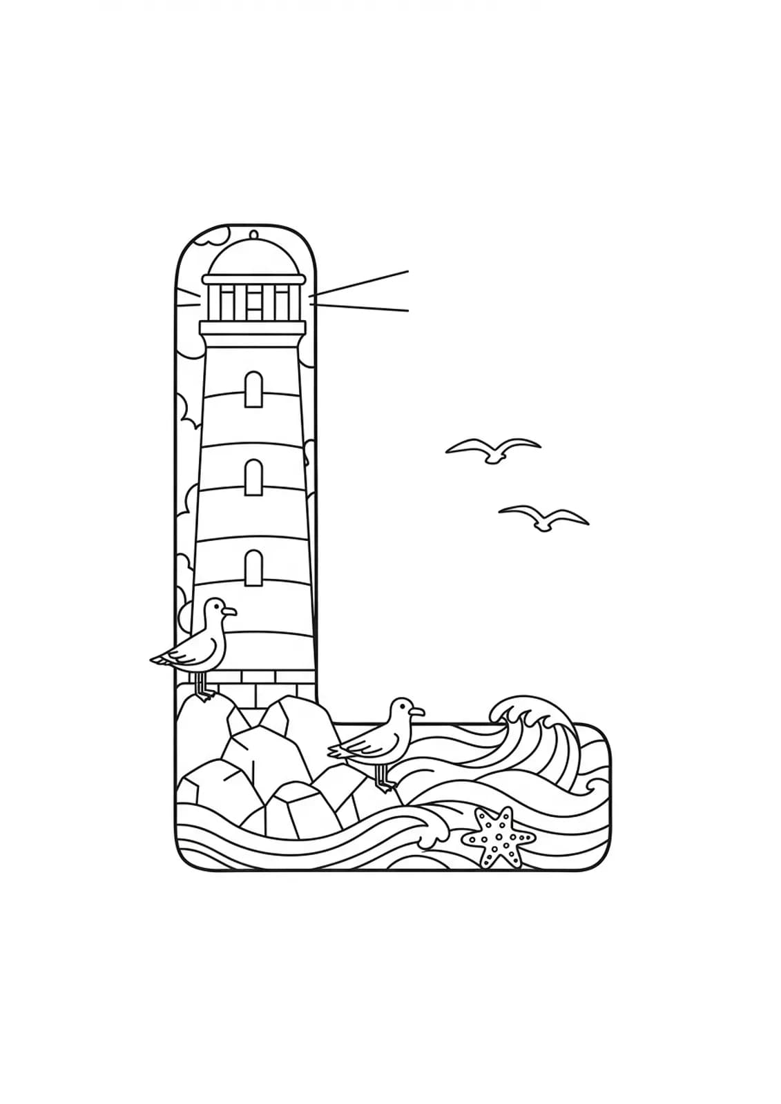 A coloring page with the letter L, a lighthouse, waves, rocks, and seagulls, medium detail.