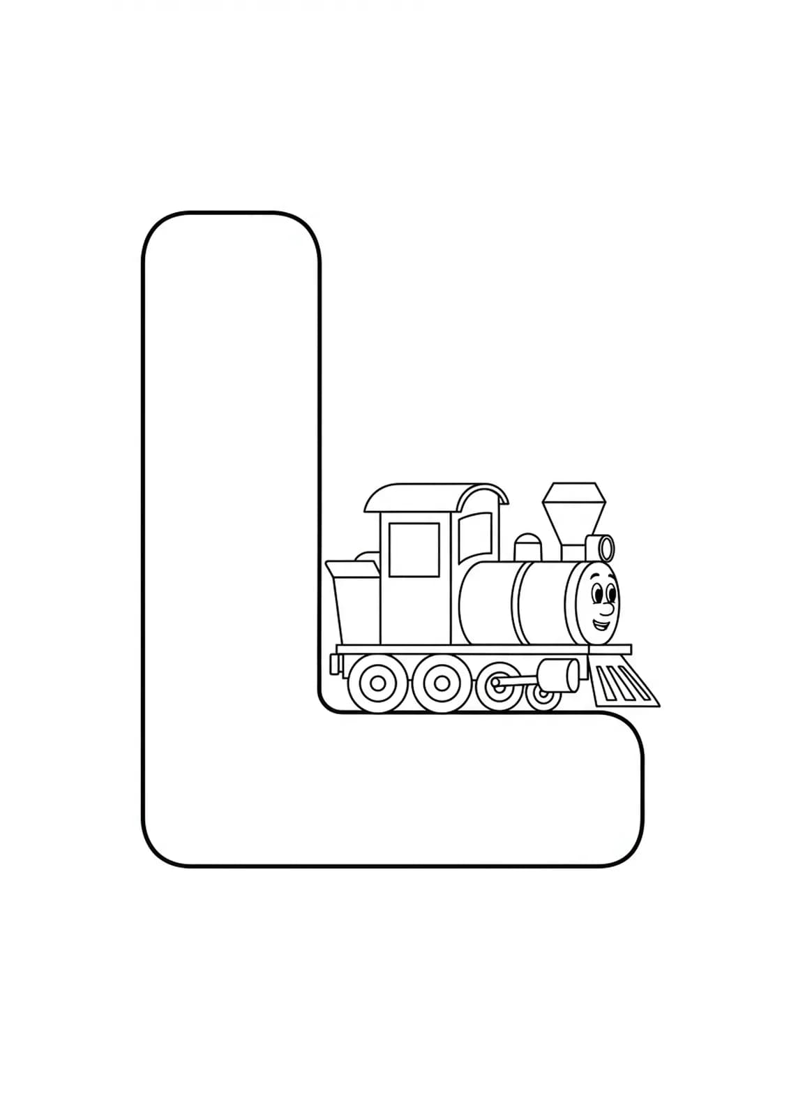 Large letter L with a cartoon locomotive train next to it, easy preschool coloring page