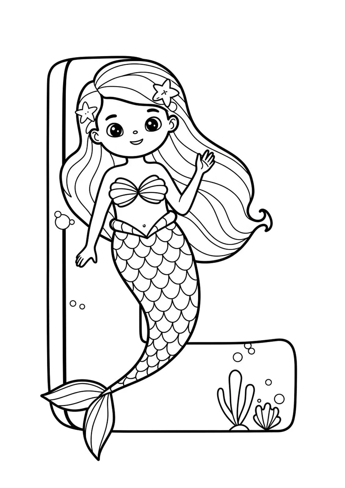 Large letter L with a smiling cartoon mermaid sitting next to it, easy for preschool coloring