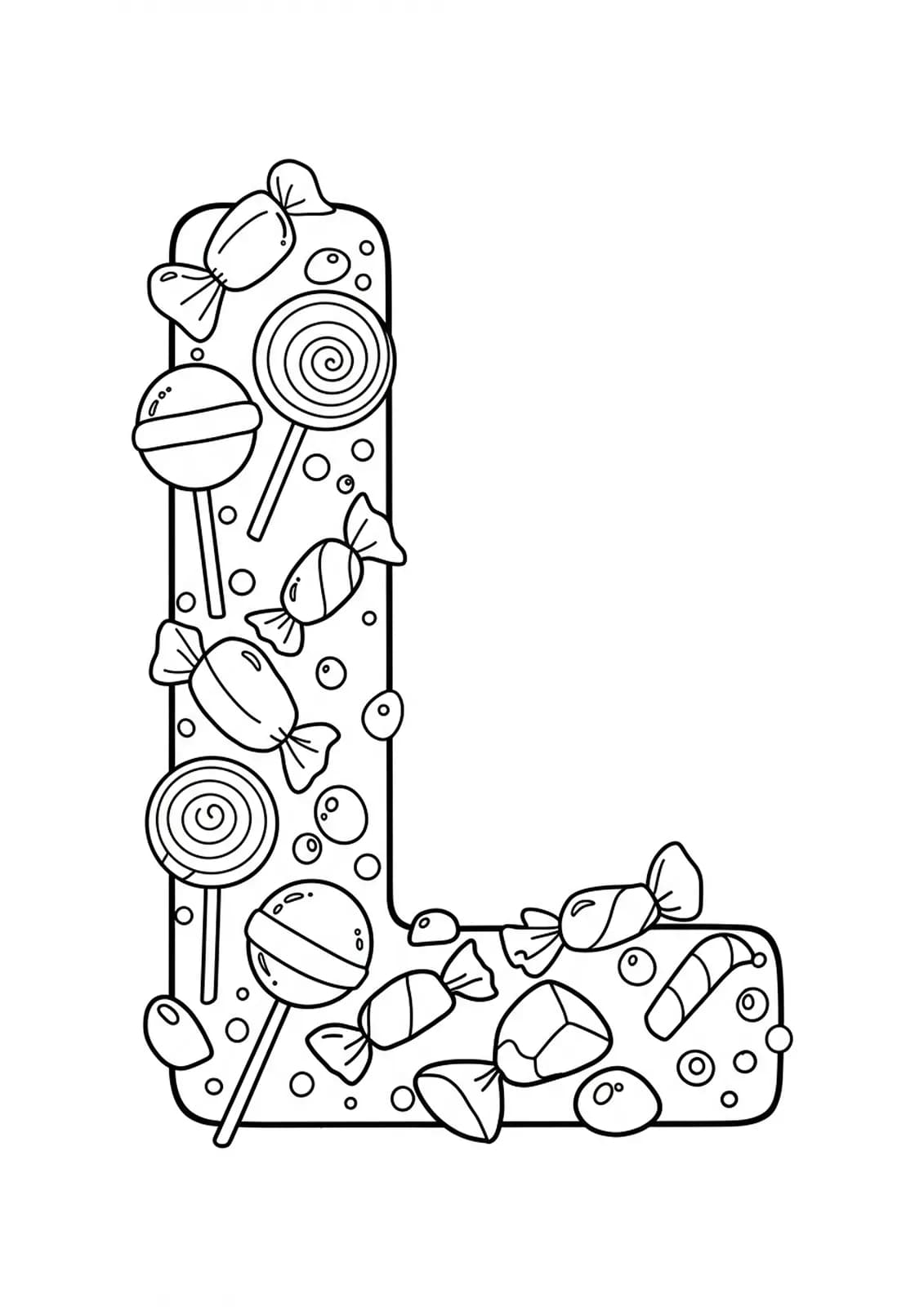 Coloring page of the letter L with lollipops and wrapped candies, easy lines.