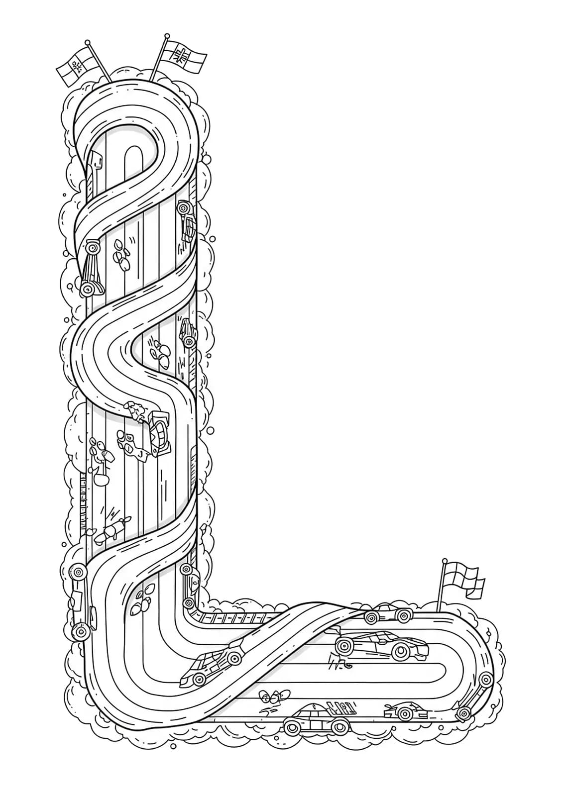 Letter L with detailed looping racecar tracks, cars, and racing flags for preschool coloring