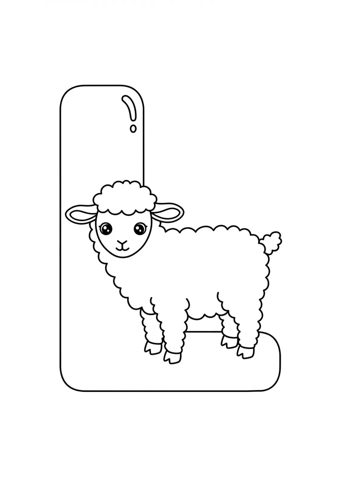Large letter L with a fluffy cartoon lamb beside it, simple and easy coloring