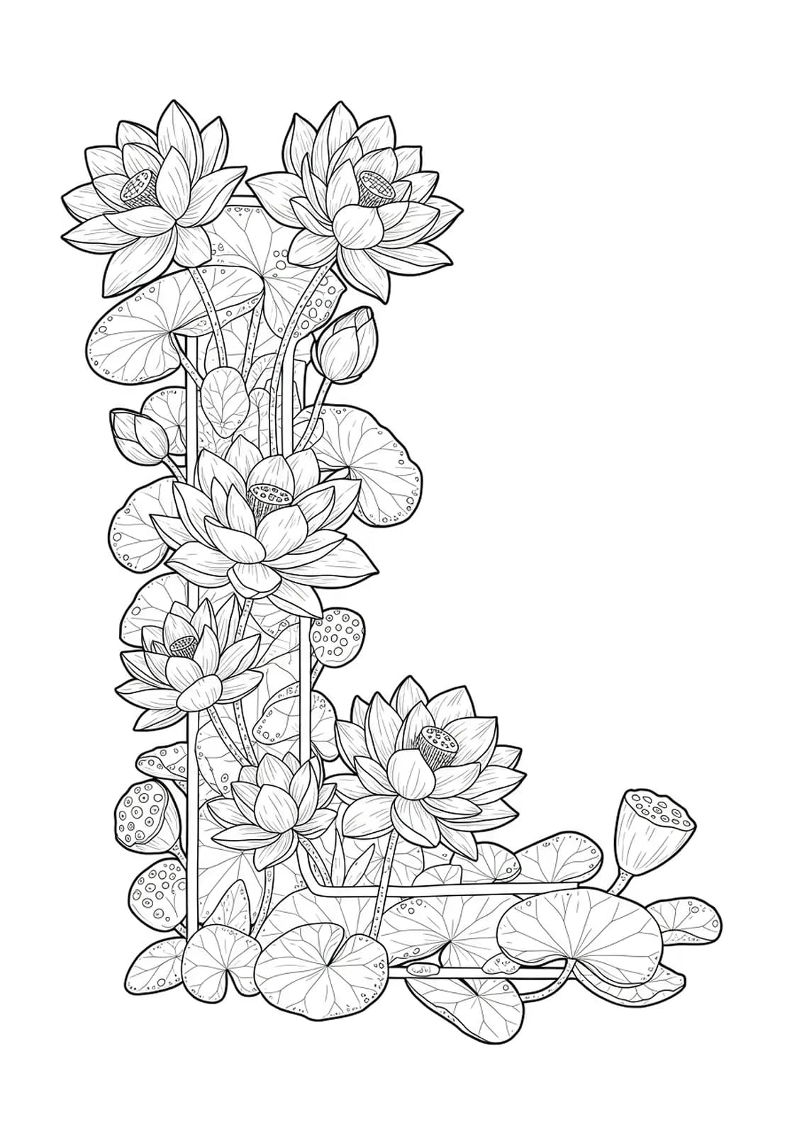 Medium complexity coloring page of the letter L surrounded by blooming lotus flowers and leaves.