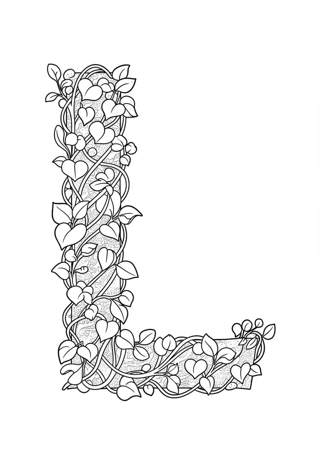 Medium complexity coloring page of the letter L woven with lush leaves and winding vines.