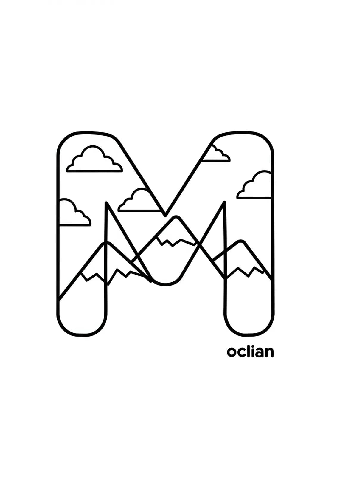 Coloring page of the letter M in front of scenic mountains and clouds.
