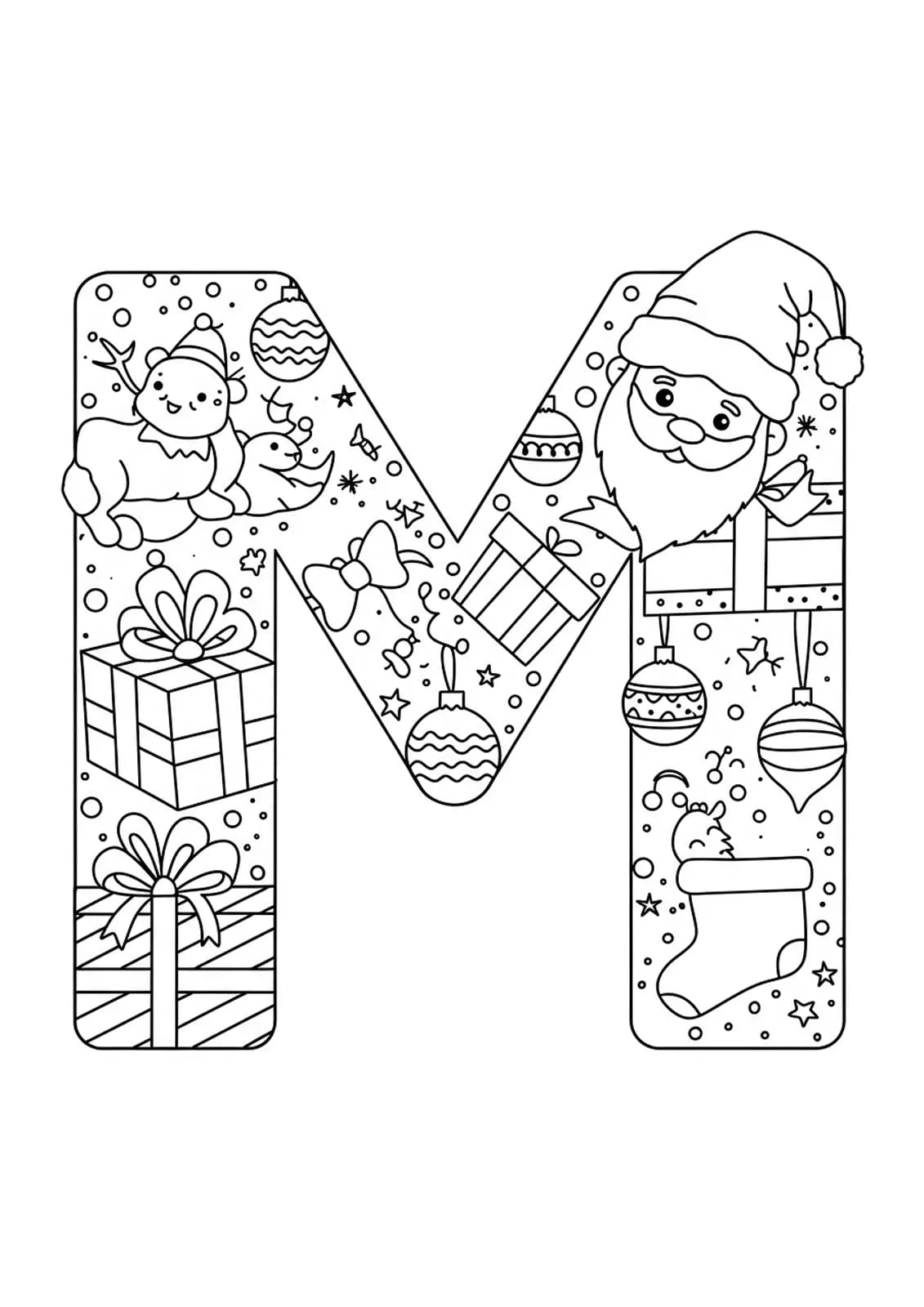 Coloring page with the letter M, Christmas gifts, ornaments, and a Santa hat.
