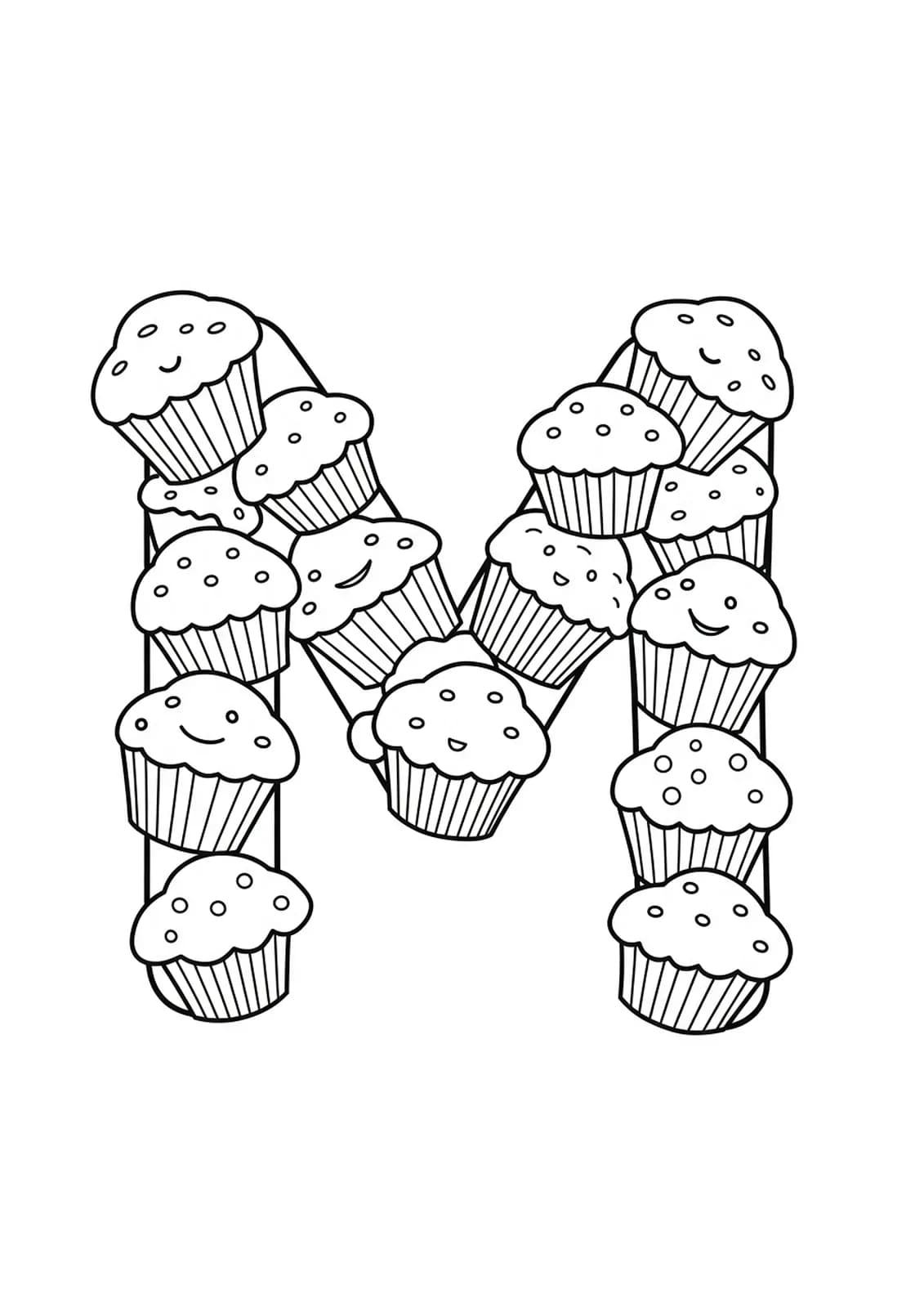 Black and white coloring page of the letter M and several big muffins.