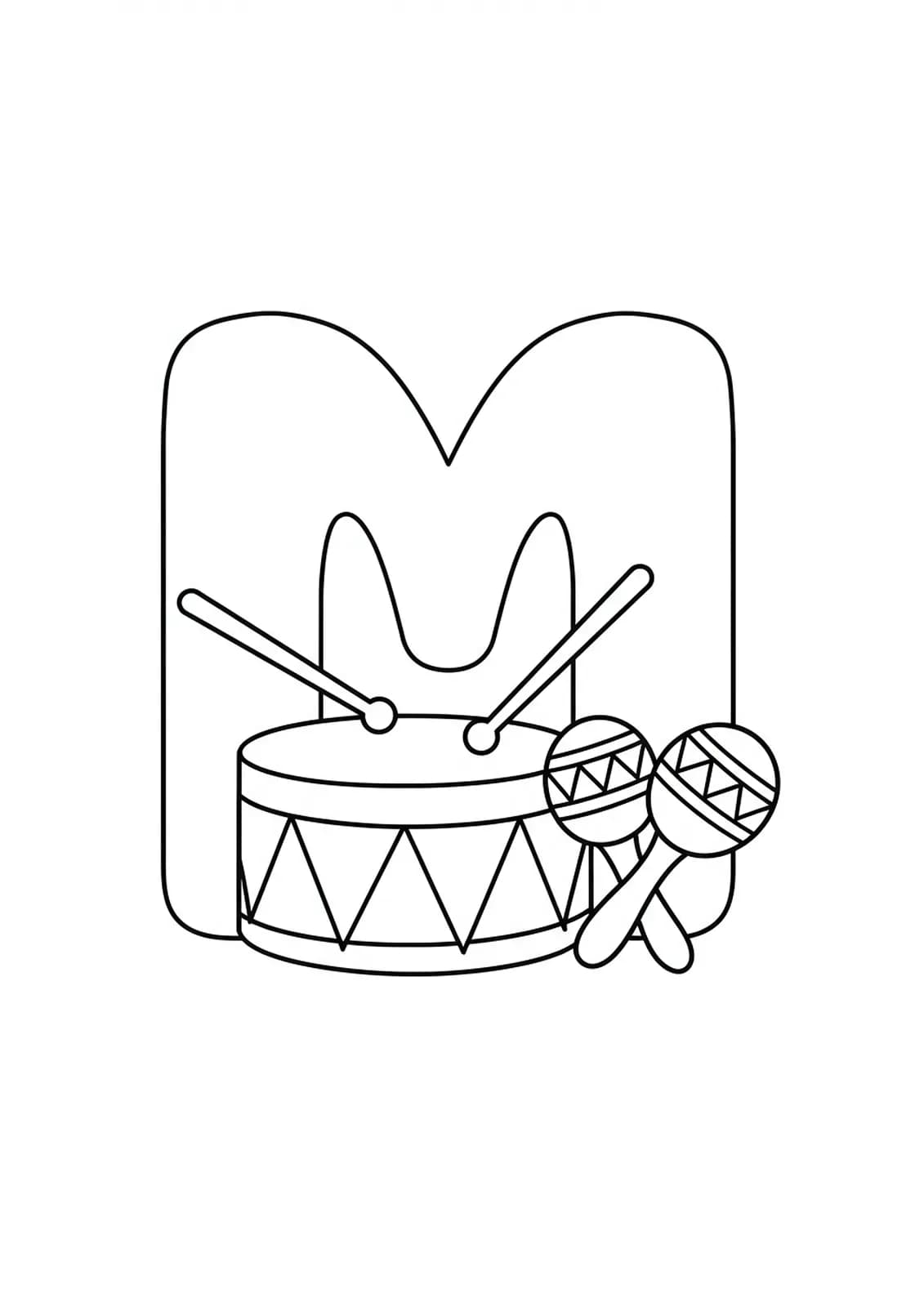Coloring page with the letter M, a maraca, and a large drum.