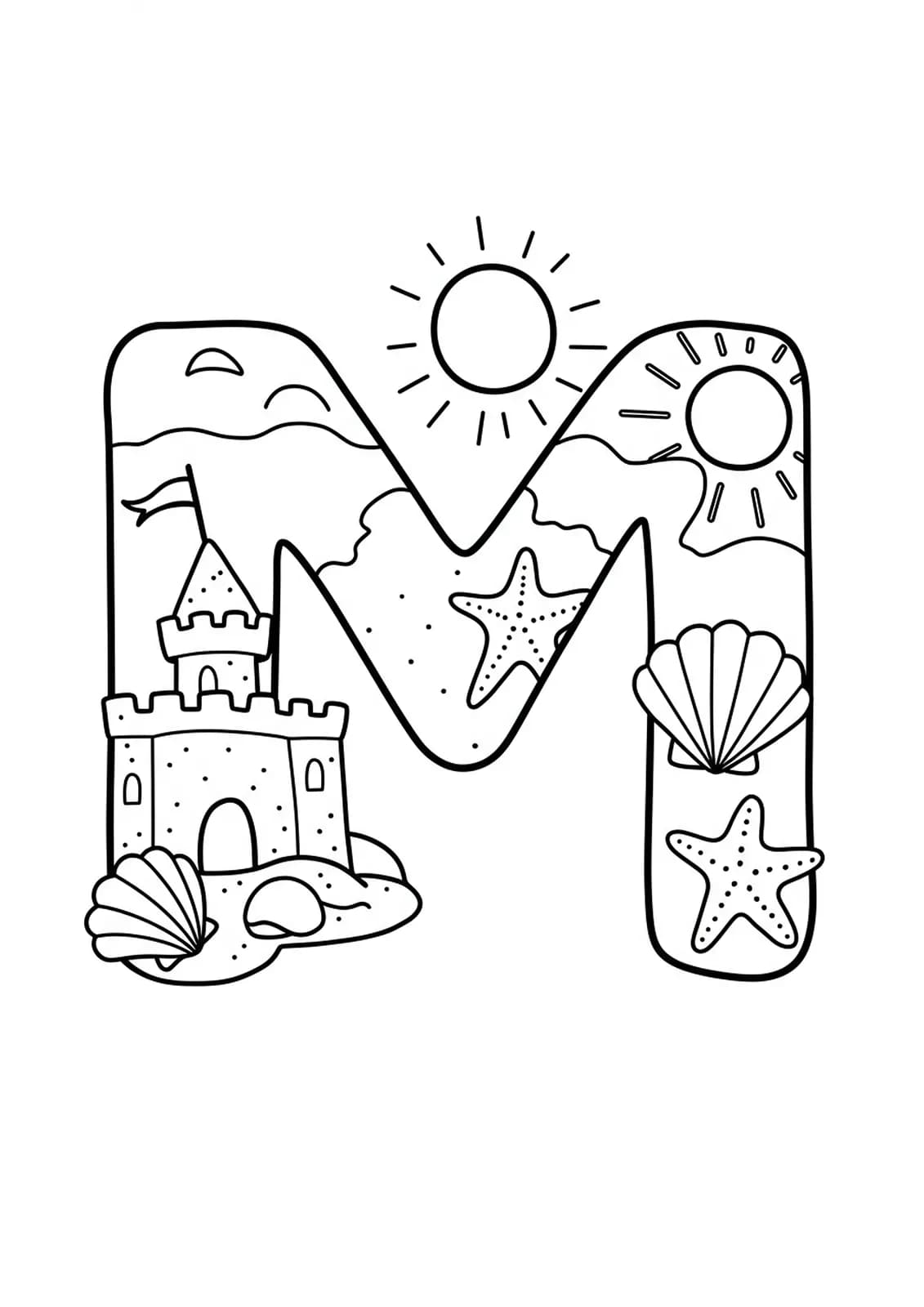 Black and white coloring page of the letter M with a sandcastle, seashells, and sun.