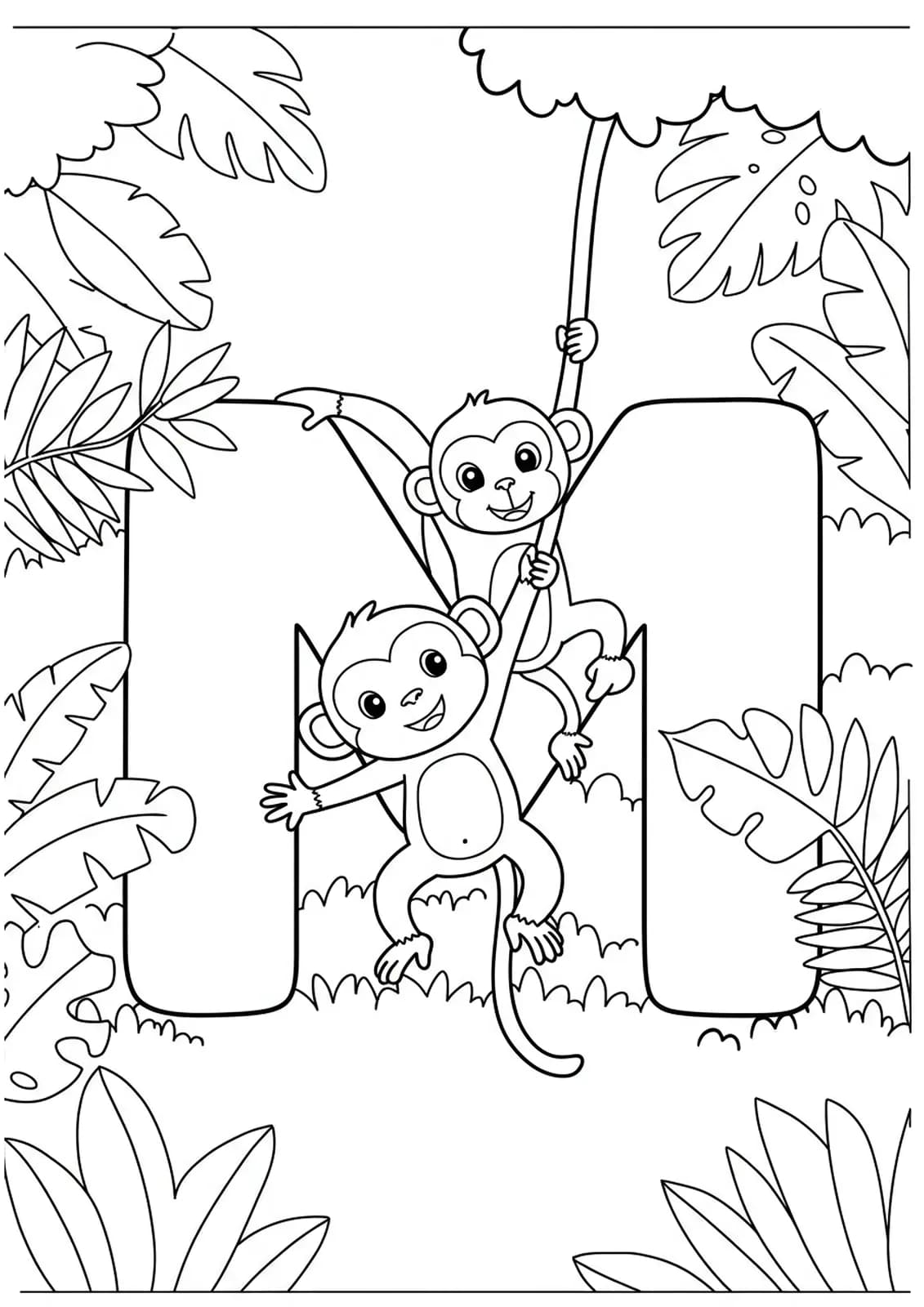 Letter M with a monkey swinging on it, surrounded by jungle leaves, designed for preschool coloring.