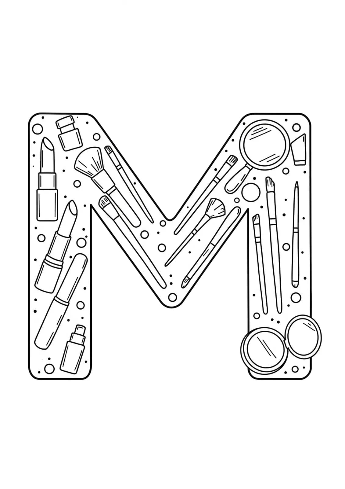 Makeup themed letter M coloring page for teens with simple beauty item outlines