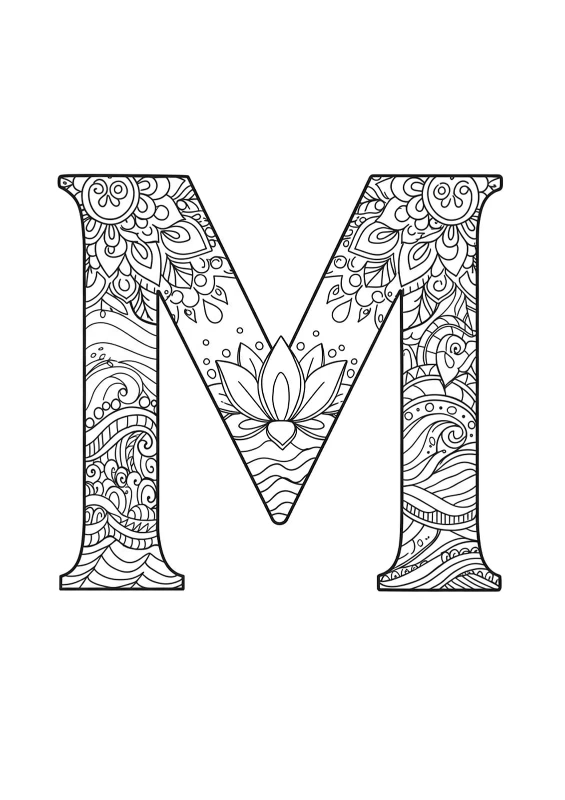 Meditation and mindfulness letter M coloring page with calm, easy outlines for teens
