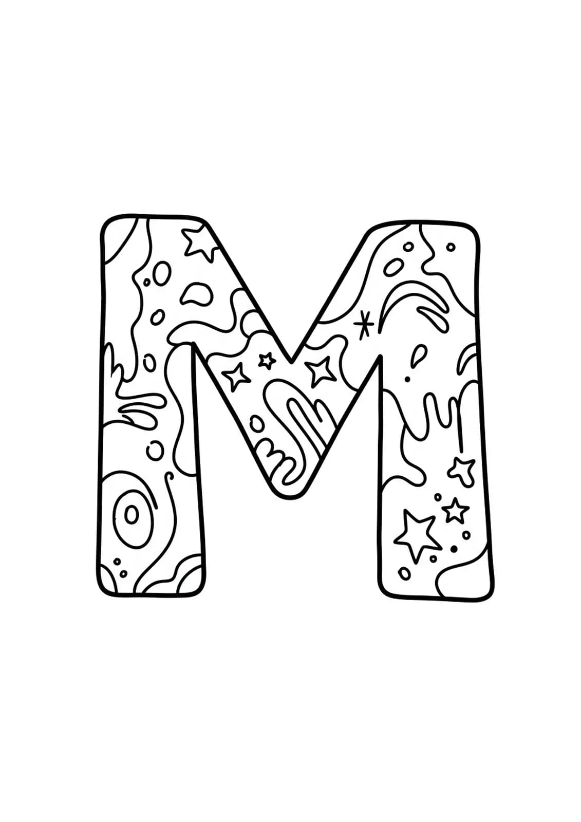 Modern art graffiti letter M coloring page with easy graffiti outlines for teens