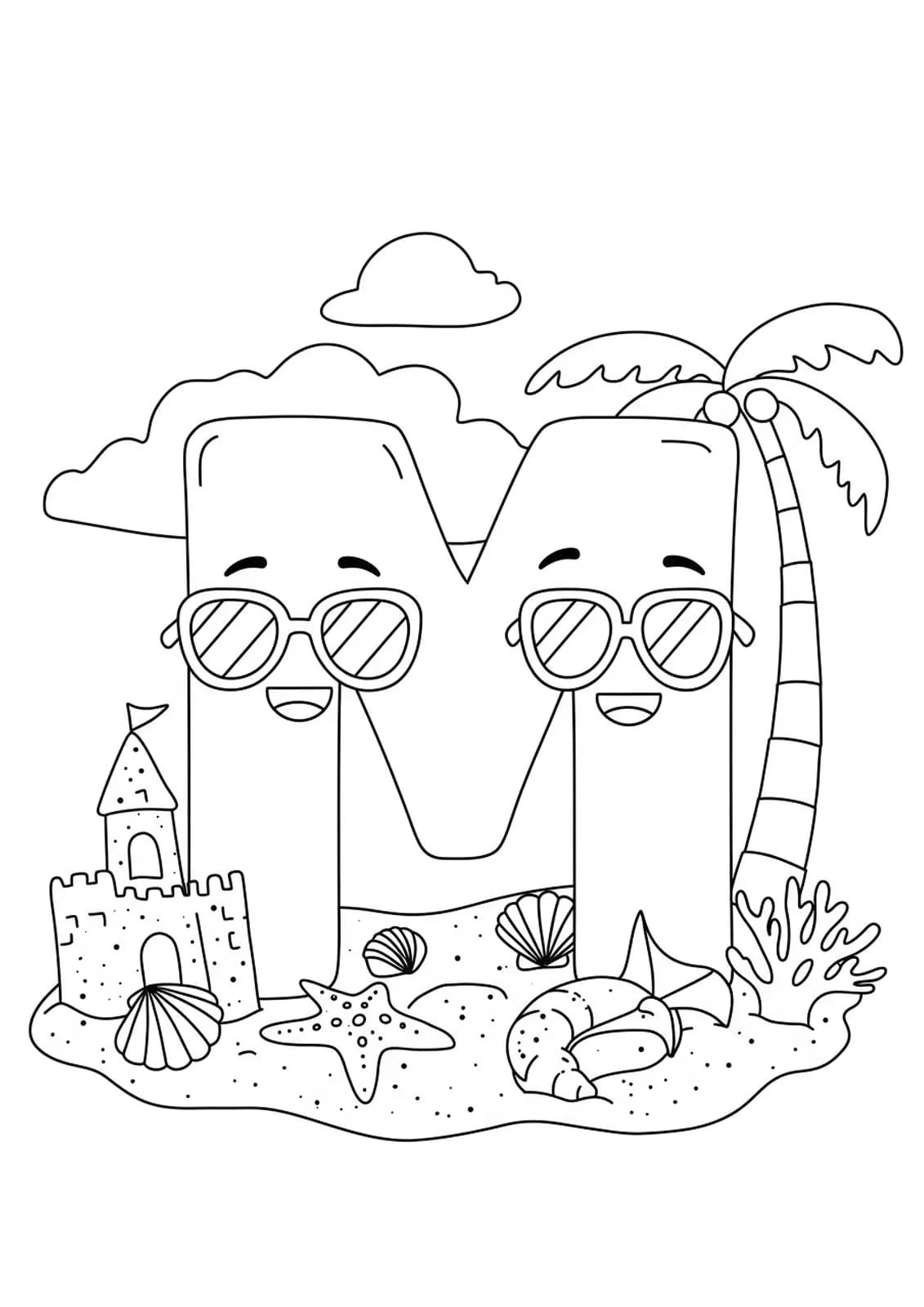 Letter M with sunglasses on a beach, with sandcastle, seashells, and palm trees, for preschool coloring.