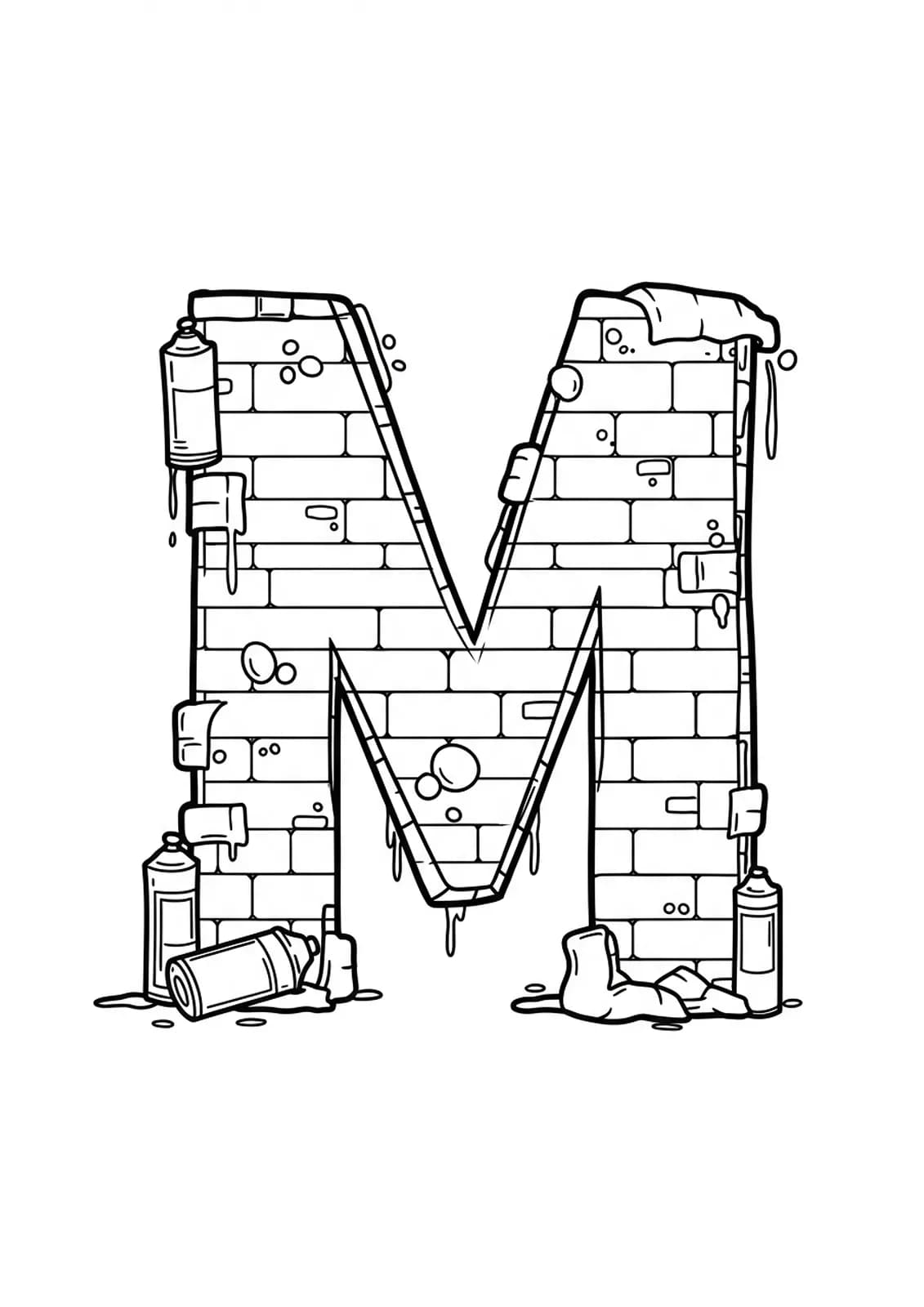 Letter M illustrated in an urban graffiti style with brick wall and spray paint motifs, medium-detailed for adult coloring.