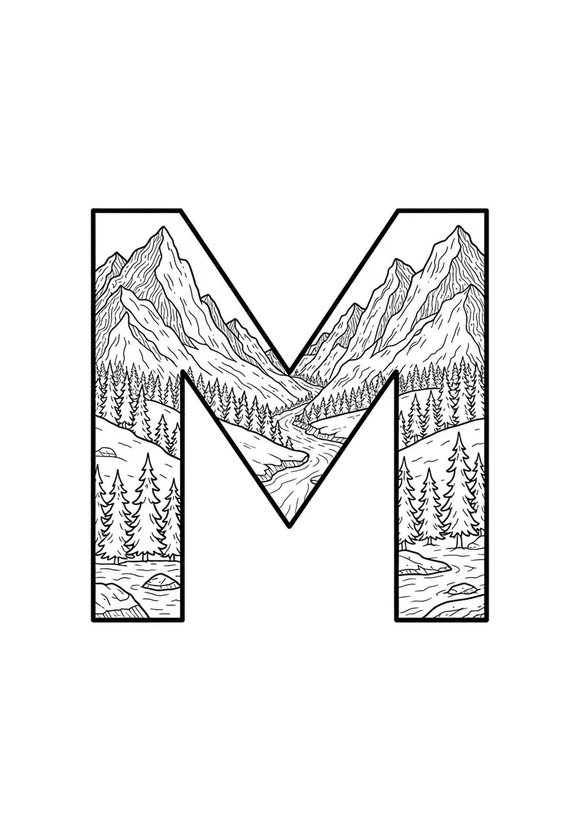 Letter M integrated with intricate mountain peaks, trees, and rivers for adult coloring.