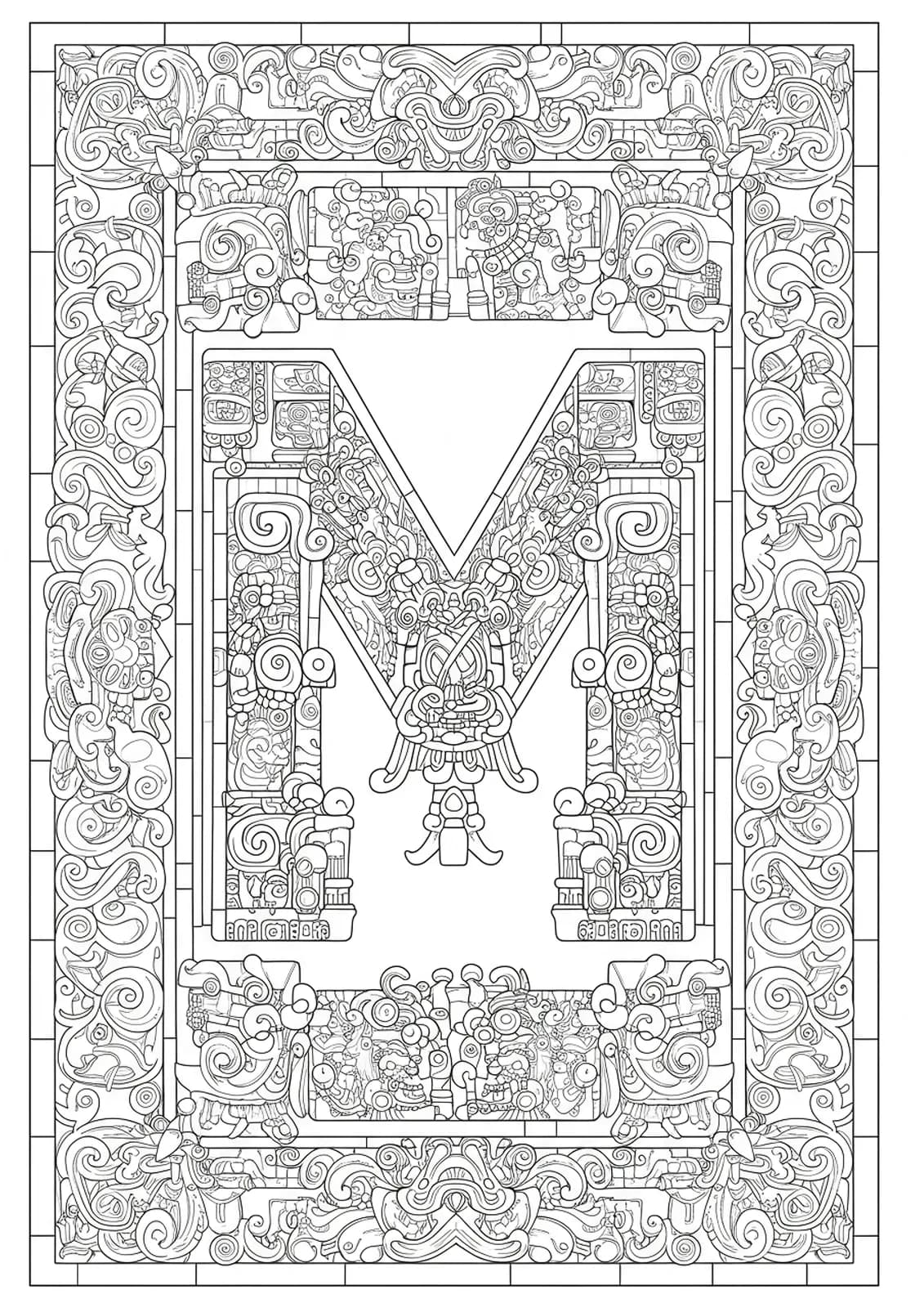 Intricate letter M surrounded by detailed Mayan glyphs, borders, and ancient motifs.