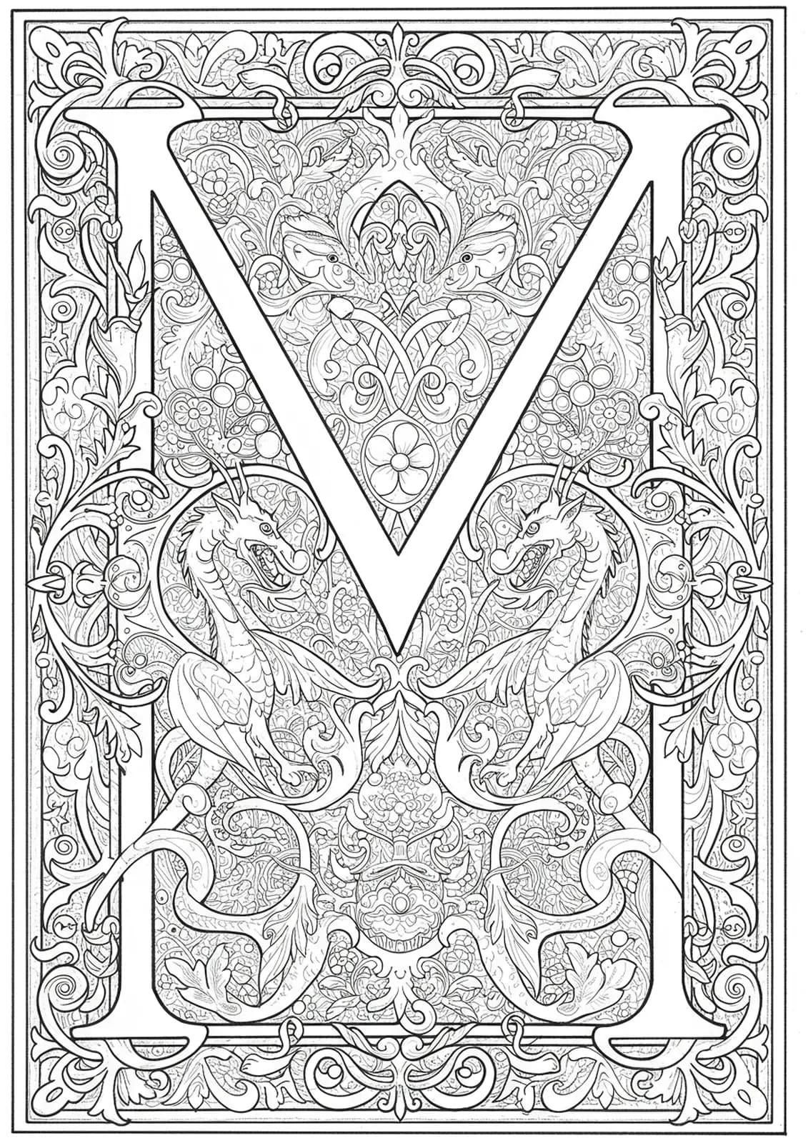 Letter M in the style of medieval manuscripts with illuminated borders, dragons, and floral patterns.