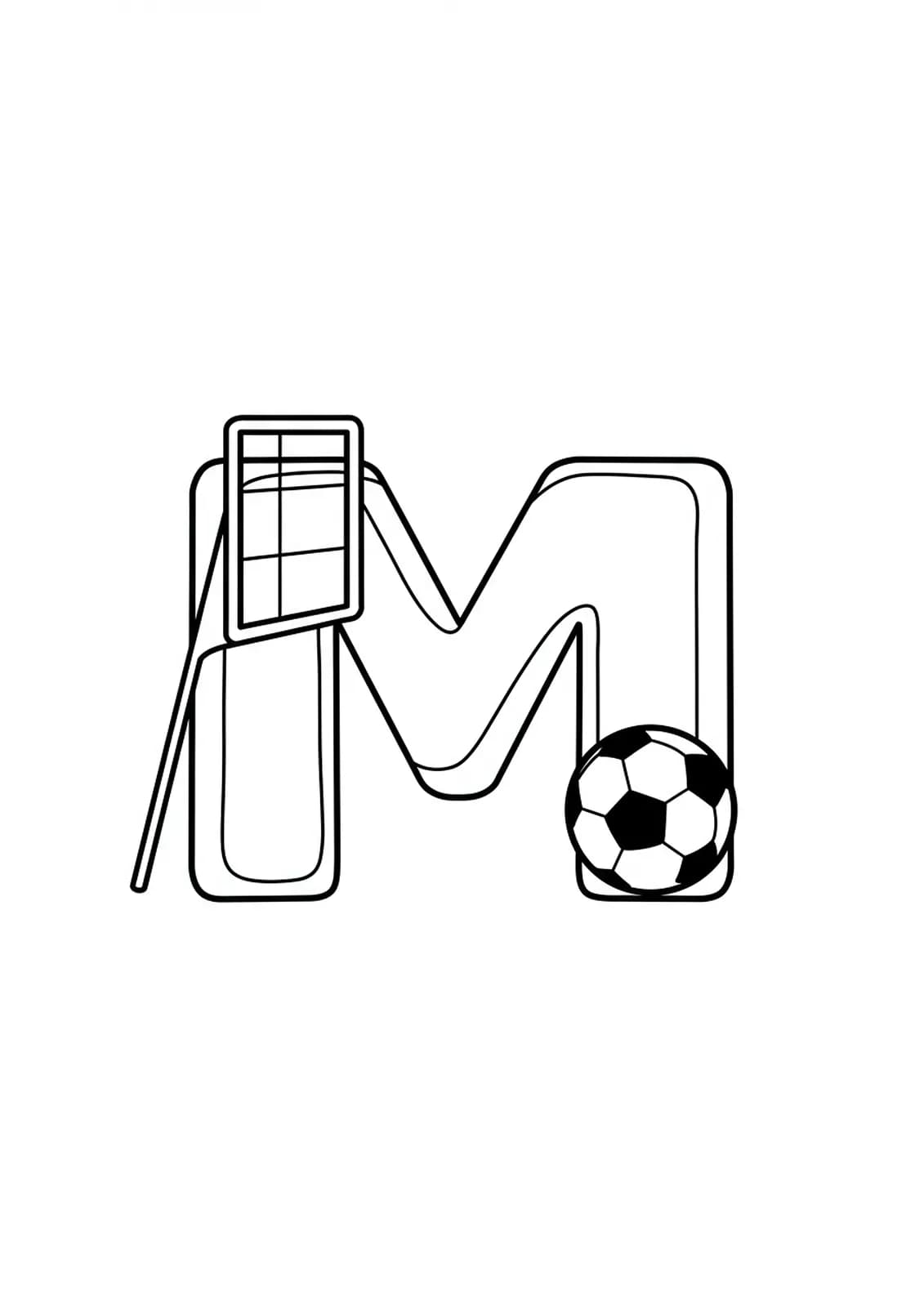 Coloring page of the letter M with a soccer ball and a goal post.