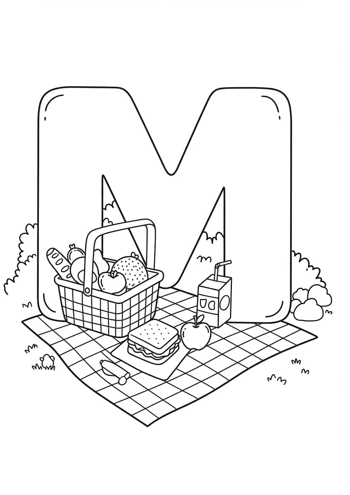 Letter M with picnic basket, sandwich, apple, juice box, blanket, for preschool picnic coloring.