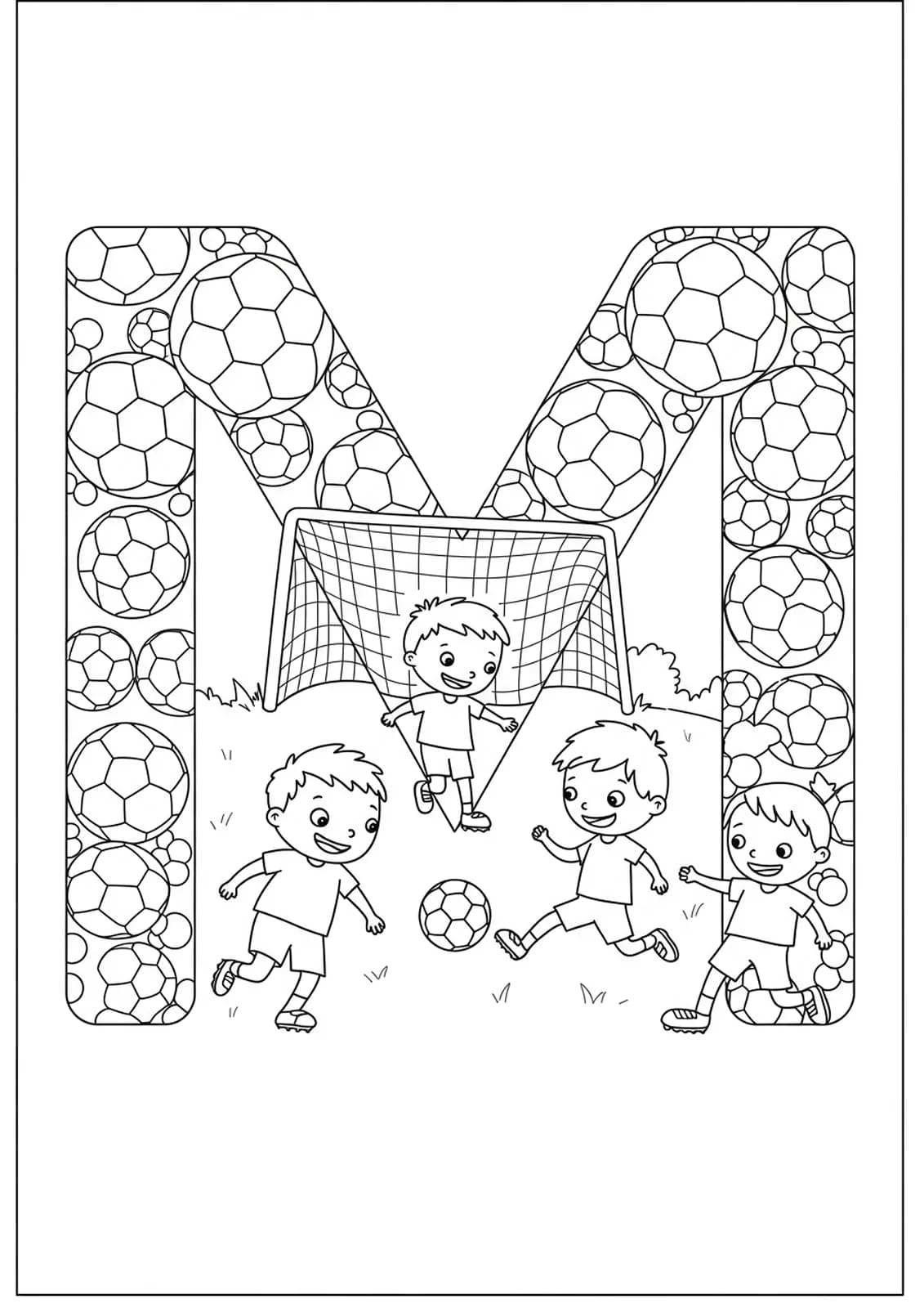 Coloring page with the letter M, soccer balls, a goal net, and kids playing soccer.