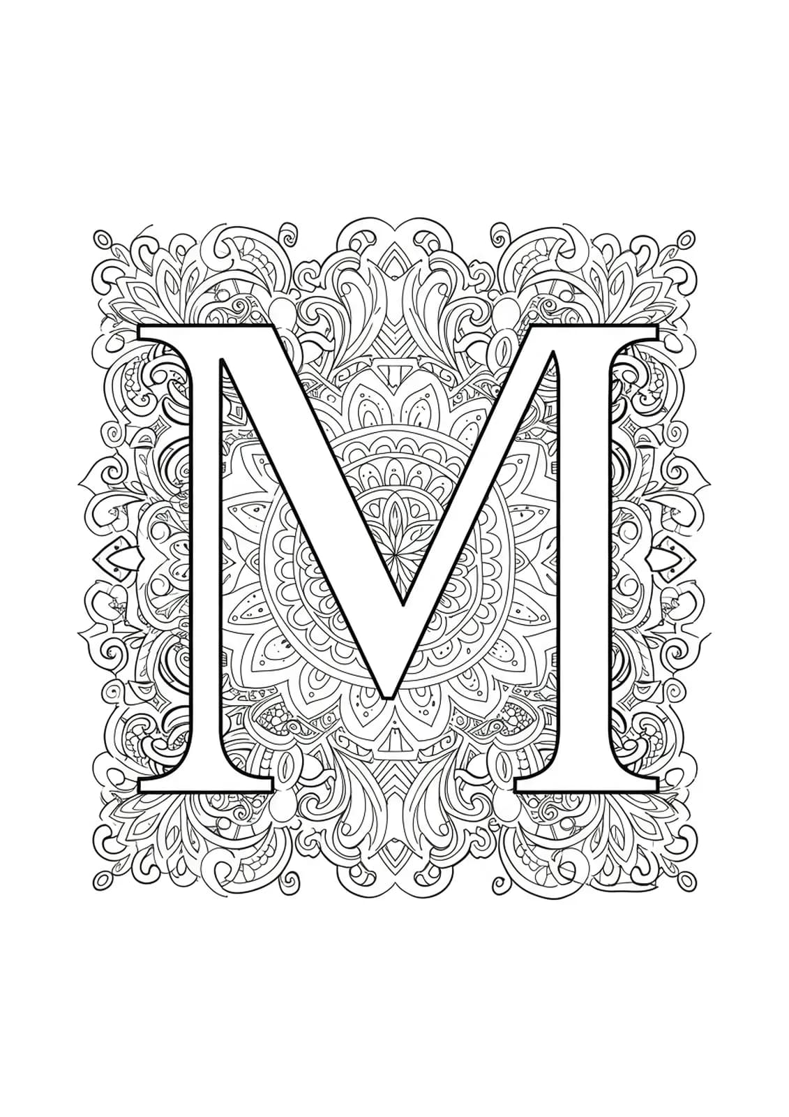 Letter M encircled by complex mosaic and mandala-inspired meditative patterns for adult coloring.