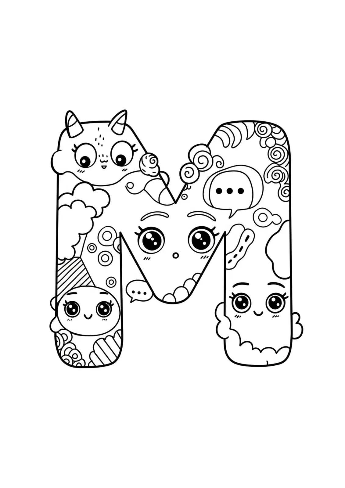 Black and white coloring page of the letter M with manga art elements like expressive eyes, speech bubbles, and stylized clouds.