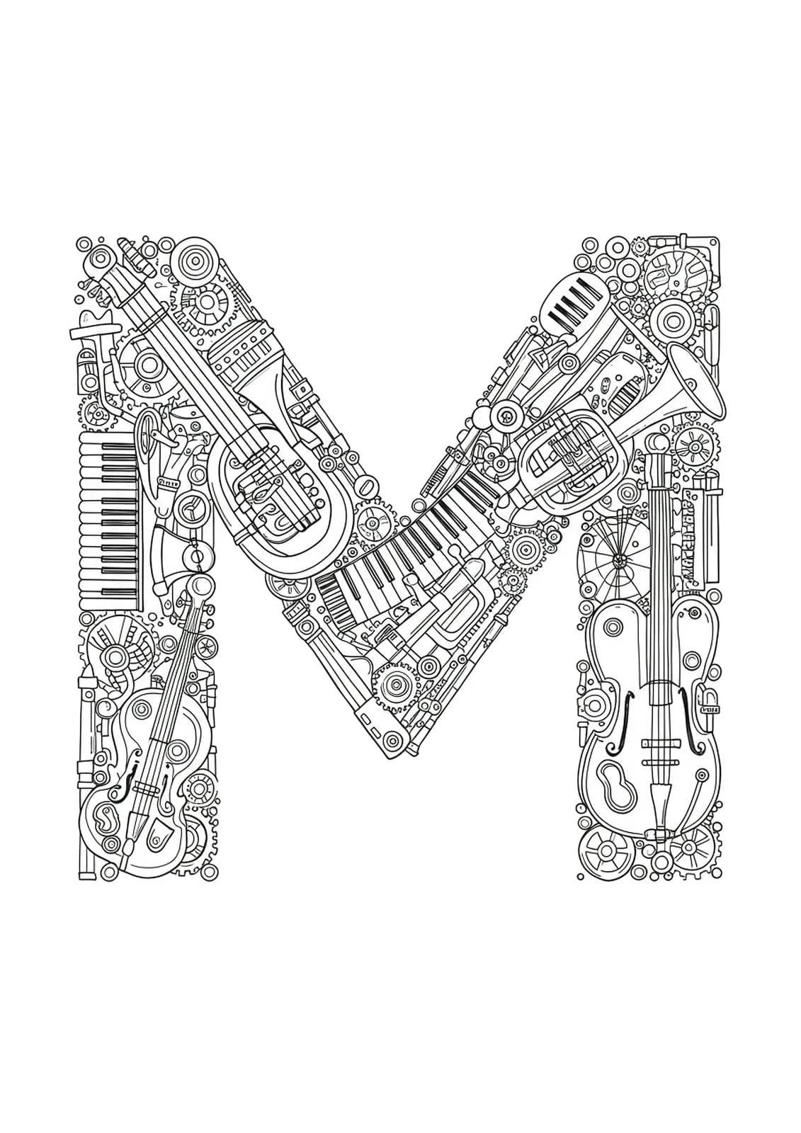Letter M composed of interlocking mechanical musical instruments, gears, and intricate details.