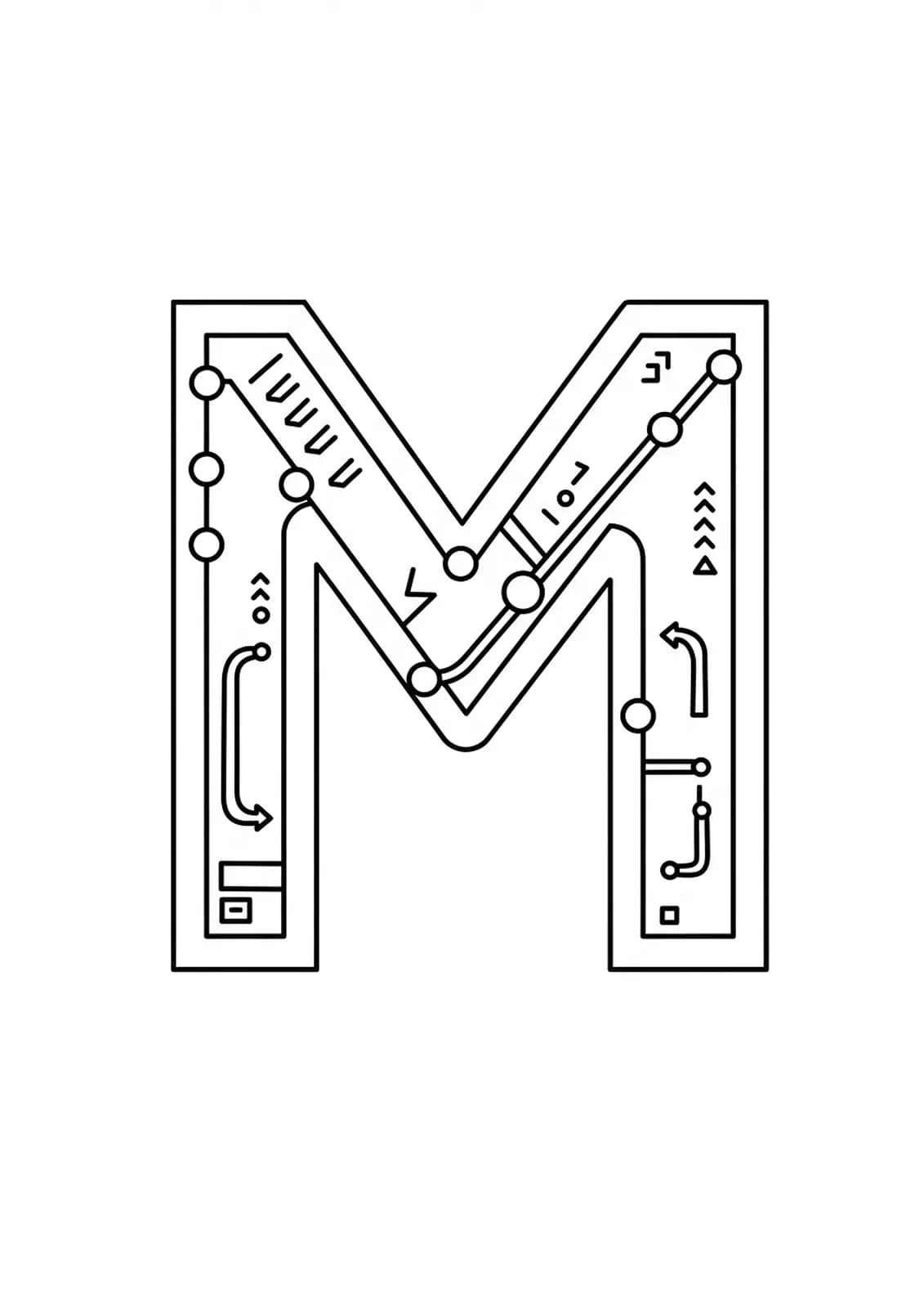 Letter M formed by and surrounded with subway map lines, station dots, and arrows in a medium-detailed adult coloring page.