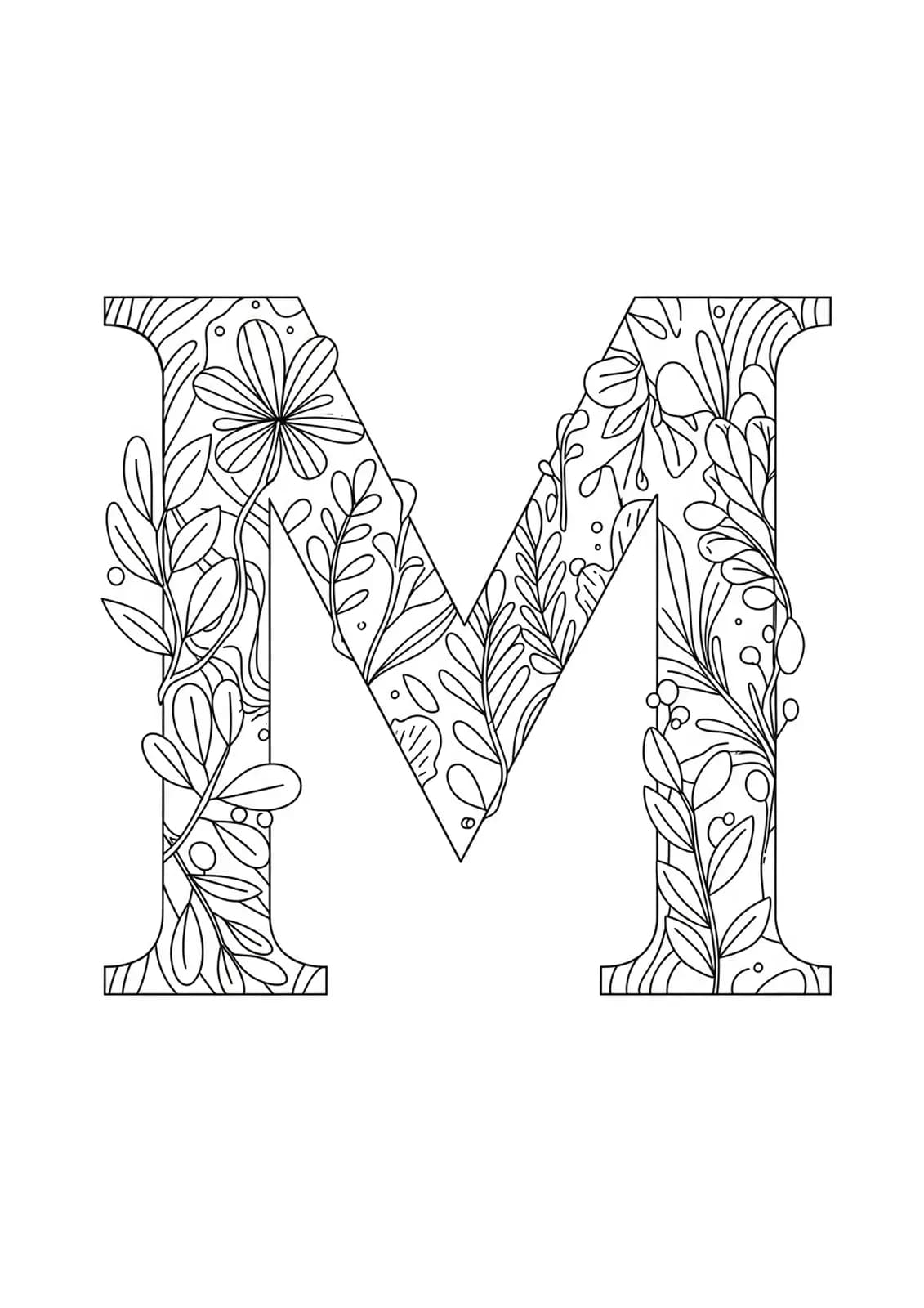 Black and white coloring page of the letter M decorated with minimalist botanical patterns, leaves, and vines.
