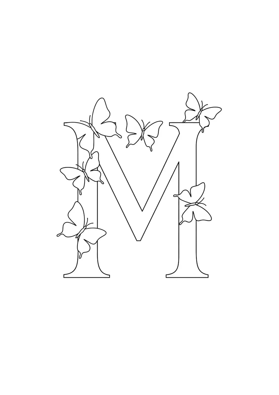 Easy adult coloring page of letter M with simple butterflies around it.