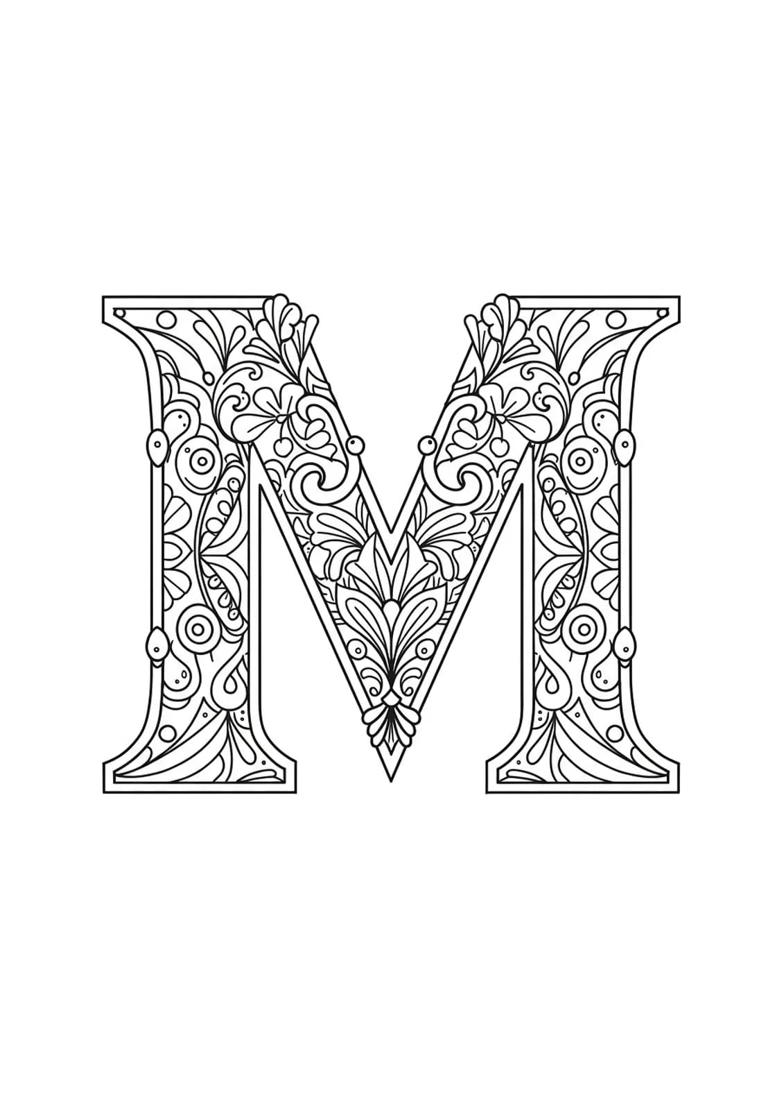 Letter M with simple Art Deco patterns, easy to color for adults.