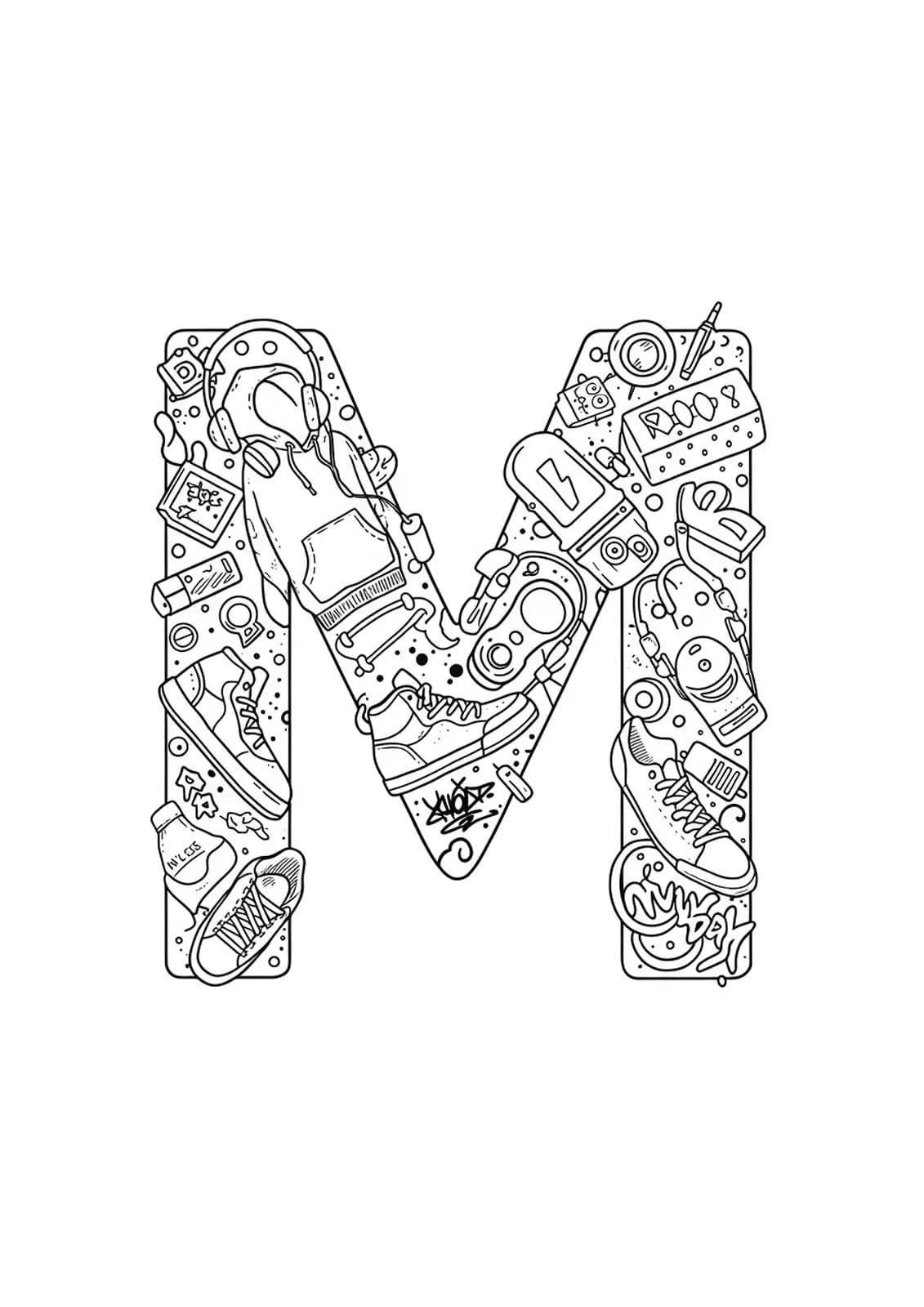 Line art coloring page of the letter M decorated with street fashion items like sneakers, headphones, hoodies, and graffiti tags.