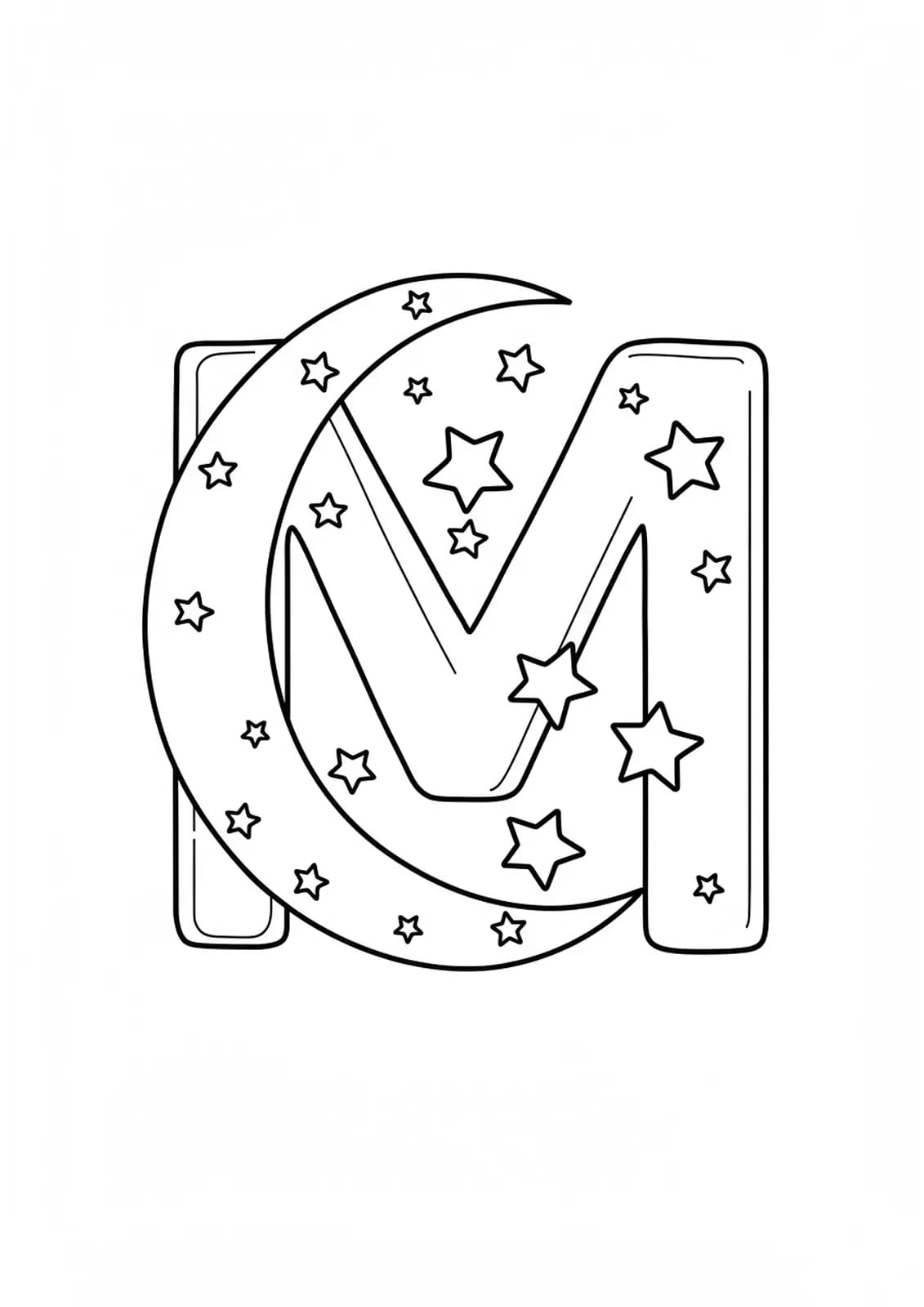 Large letter M with a crescent moon and stars, night sky theme for preschool coloring.