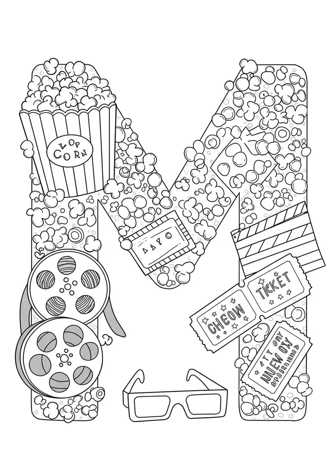 Coloring page of the letter M surrounded by popcorn buckets, film reels, 3D glasses, and movie tickets.