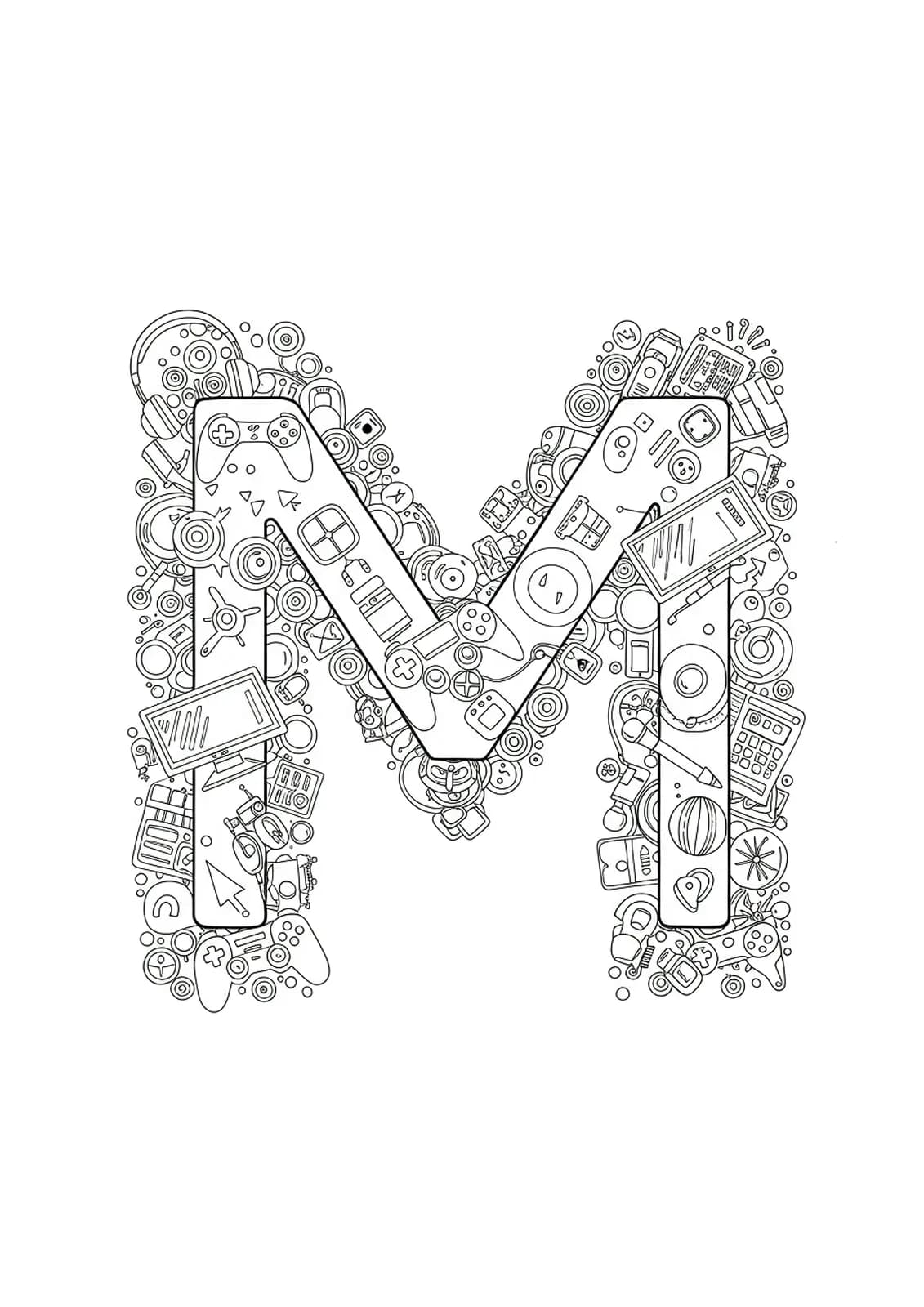 Letter M surrounded by detailed tech gadgets, gaming controllers, and digital icons.