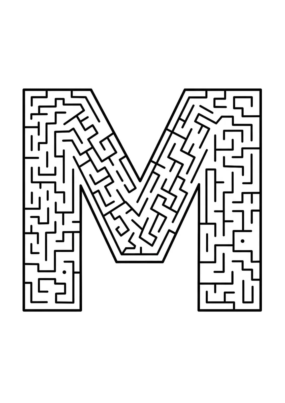 Intricate letter M coloring page with urban graffiti and maze patterns for teens.